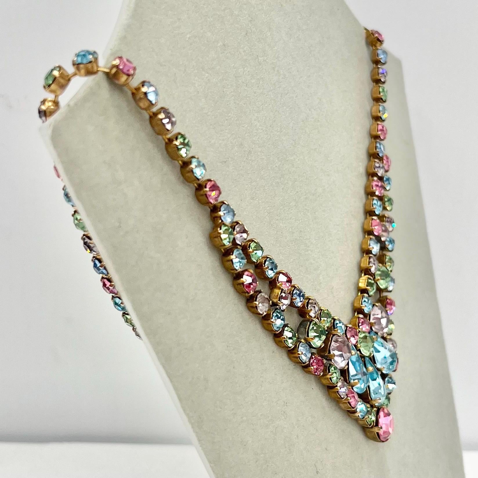 Vintage 1960’s - 1970’s Gold Tone Multi Coloured Rainbow Austrian Crystal V Neck Necklace Beautiful Sparkling Colours TheGreenGlassGemShop