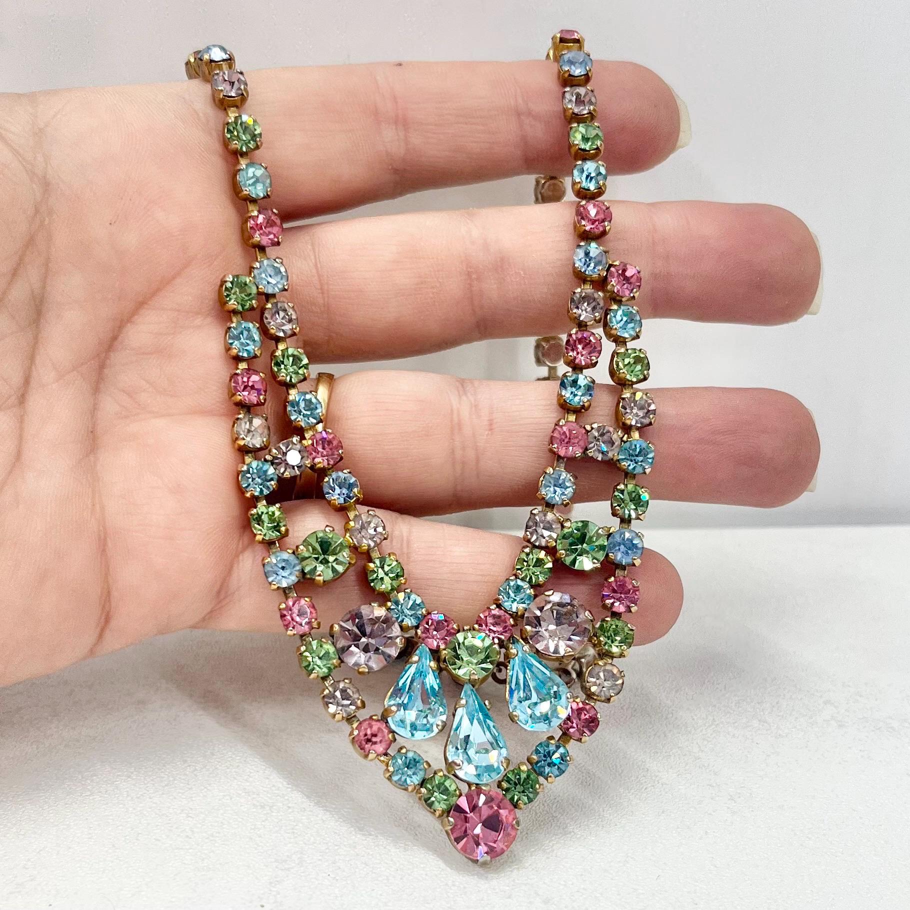 Vintage 1960’s - 1970’s Gold Tone Multi Coloured Rainbow Austrian Crystal V Neck Necklace Beautiful Sparkling Colours TheGreenGlassGemShop