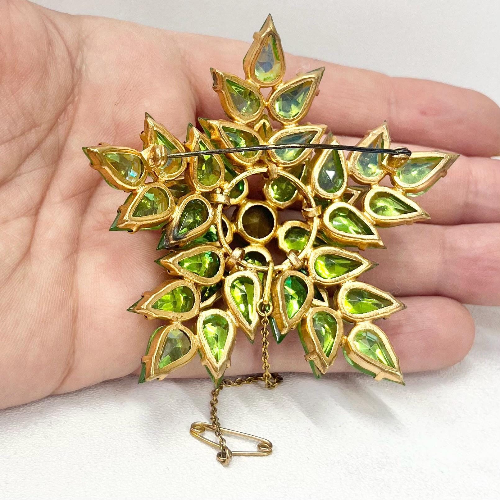 Huge Statement Green Crystal Snowflake Brooch Gold Tone with a Uranium Crystal Centre UV Reactive Glow Vintage Victorian Style Jewellery TheGreenGlassGemShop