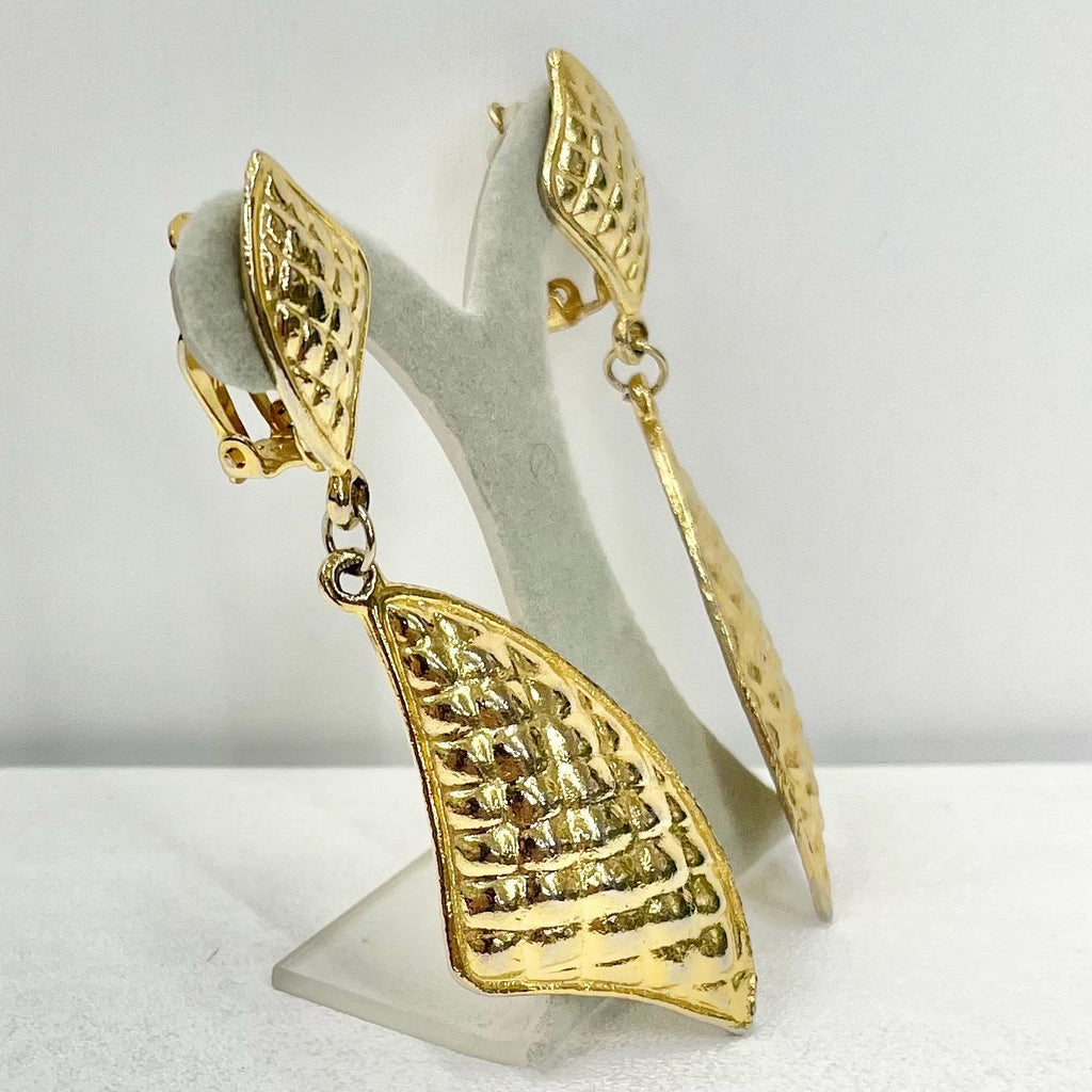 Vintage Large Gold Plate Triangular Drop Clip On Earrings Hollywood Glamour Statement Earrings TheGreenGlassGemShop