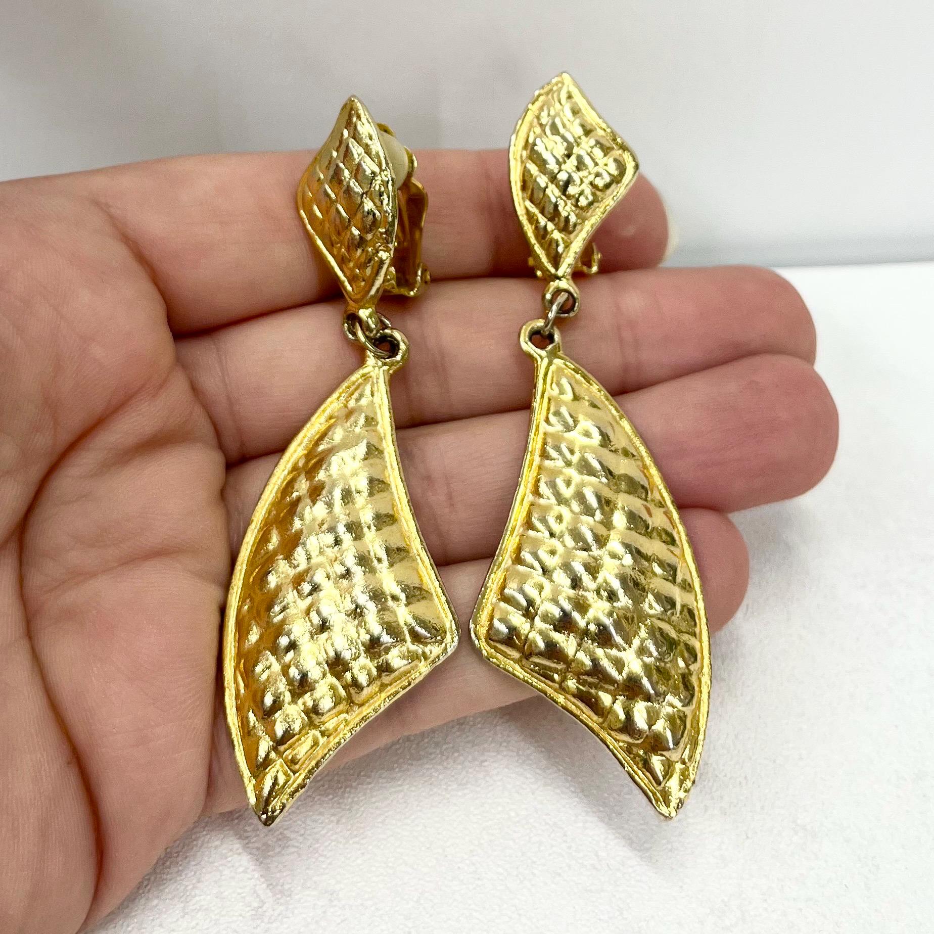 Vintage Large Gold Plate Triangular Drop Clip On Earrings Hollywood Glamour Statement Earrings TheGreenGlassGemShop