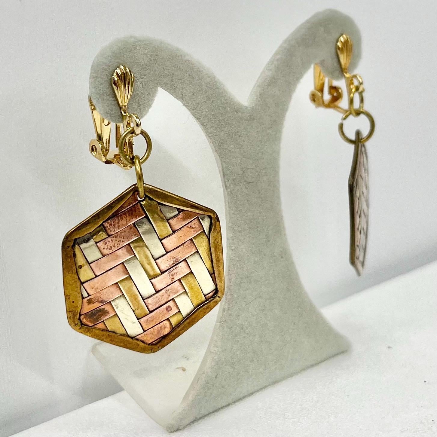 Vintage Copper Gold & Silver Plate Woven Hexagon Drop Clip On Earrings Hollywood Glamour Statement Three Colour Earrings TheGreenGlassGemShop