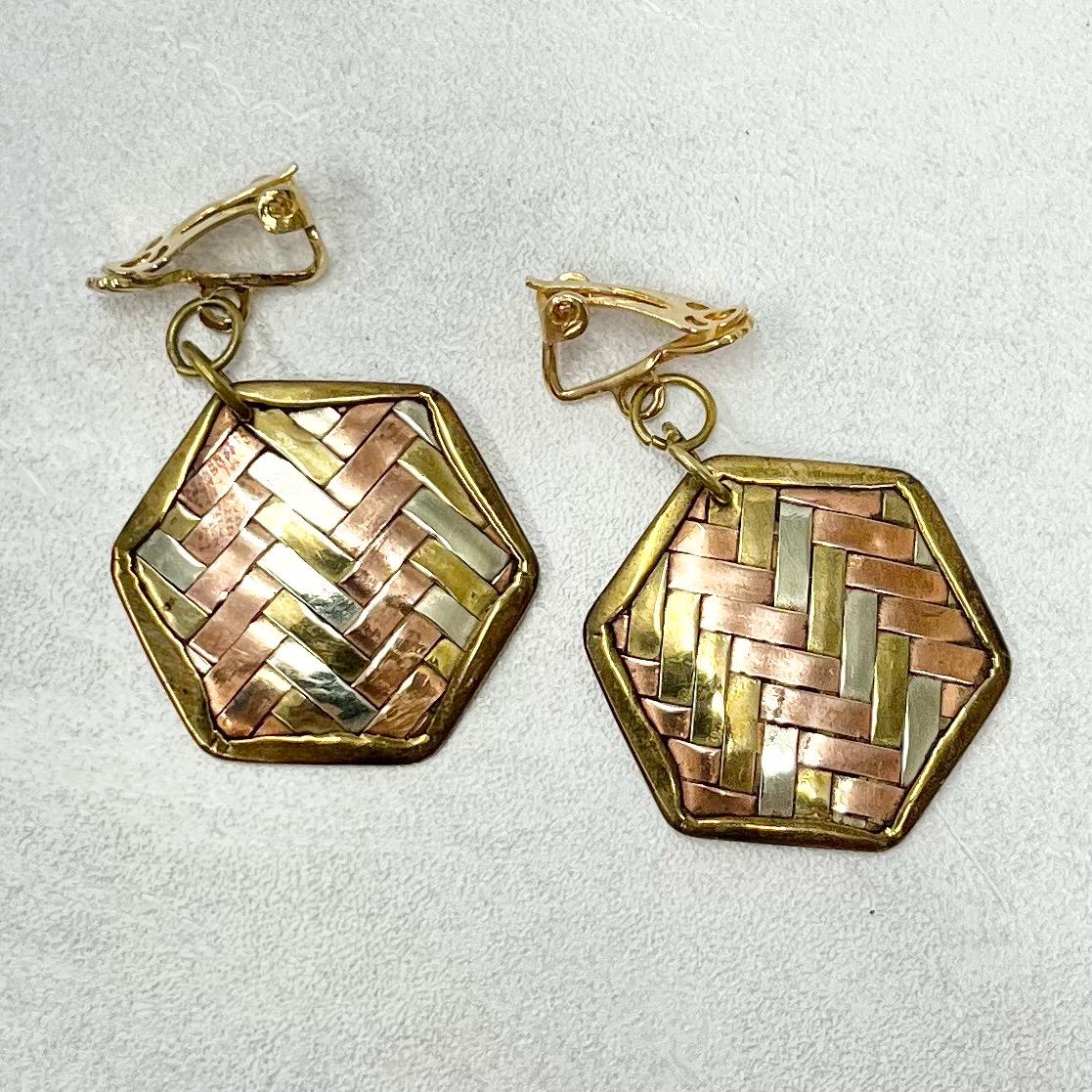 Vintage Copper Gold & Silver Plate Woven Hexagon Drop Clip On Earrings Hollywood Glamour Statement Three Colour Earrings TheGreenGlassGemShop