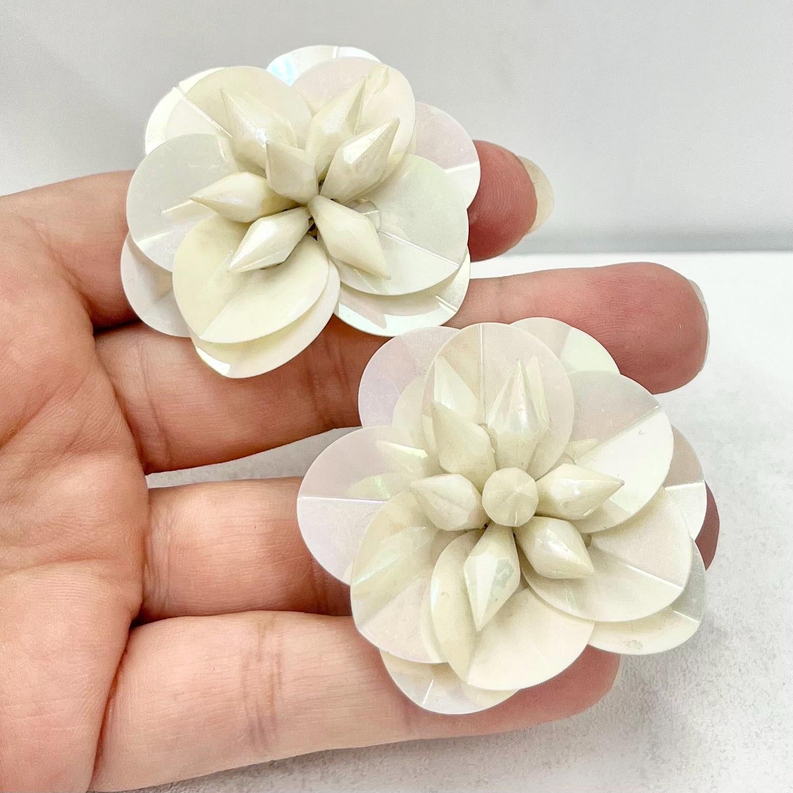 Vintage Large Cream Pink Iridescent Sequin Flower Clip On Earrings Hollywood Glamour Statement Earrings TheGreenGlassGemShop