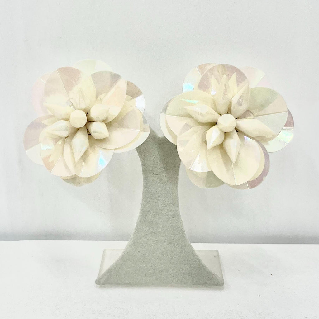 Vintage Large Cream Pink Iridescent Sequin Flower Clip On Earrings Hollywood Glamour Statement Earrings TheGreenGlassGemShop