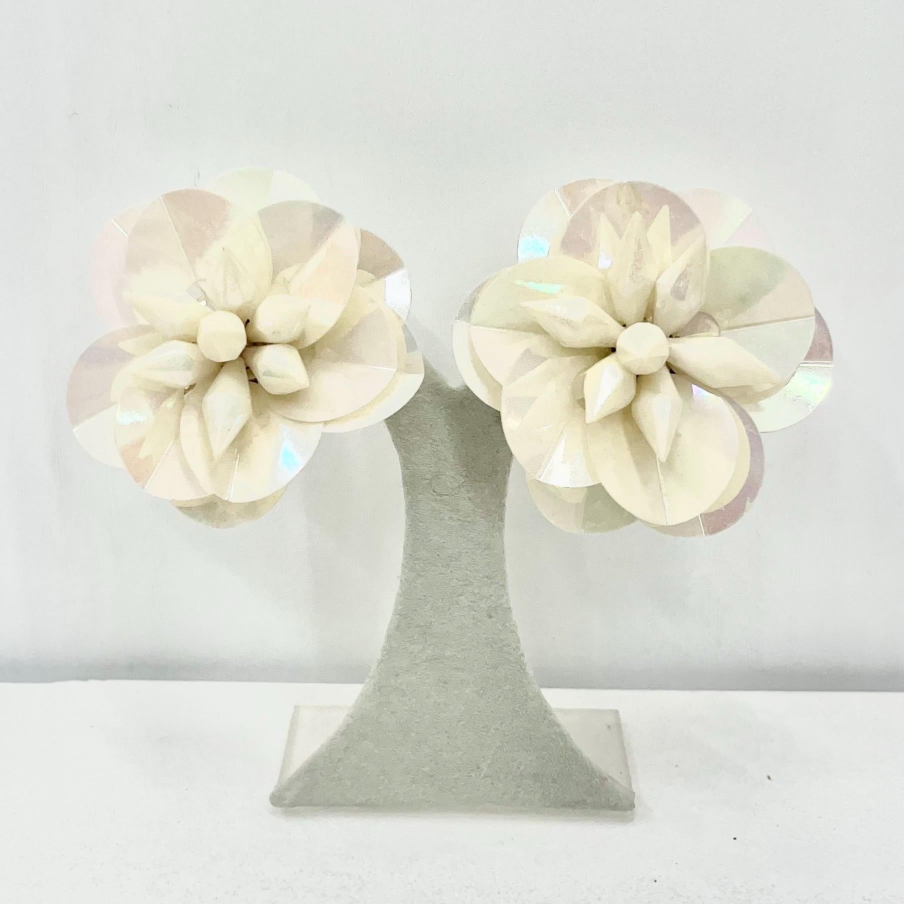Vintage Large Cream Pink Iridescent Sequin Flower Clip On Earrings Hollywood Glamour Statement Earrings TheGreenGlassGemShop