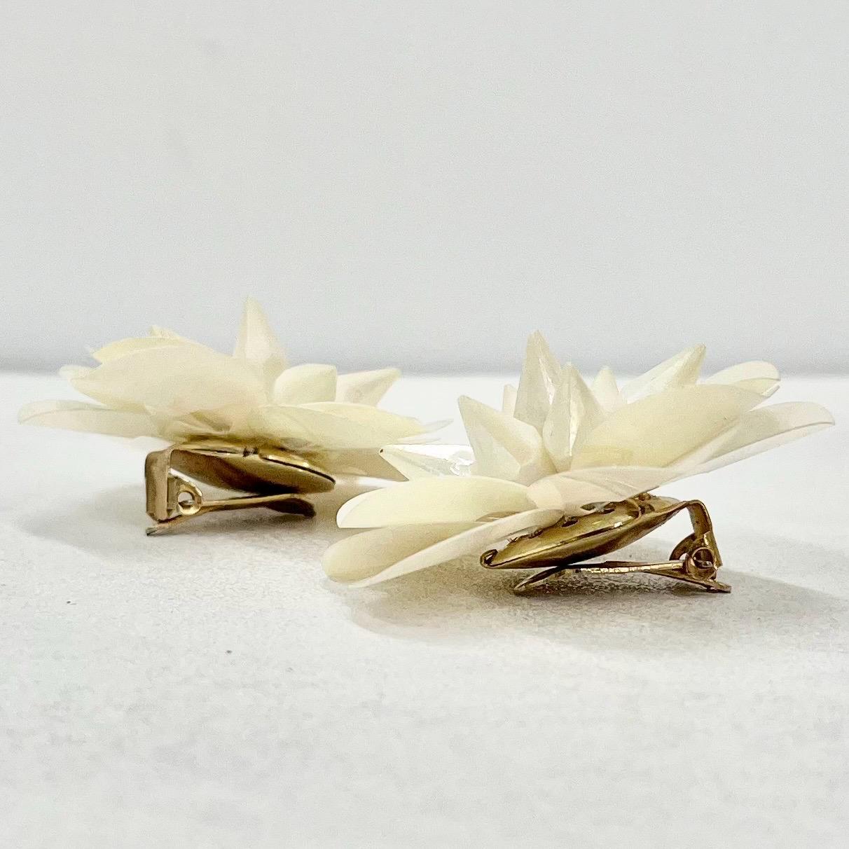 Vintage Large Cream Pink Iridescent Sequin Flower Clip On Earrings Hollywood Glamour Statement Earrings TheGreenGlassGemShop