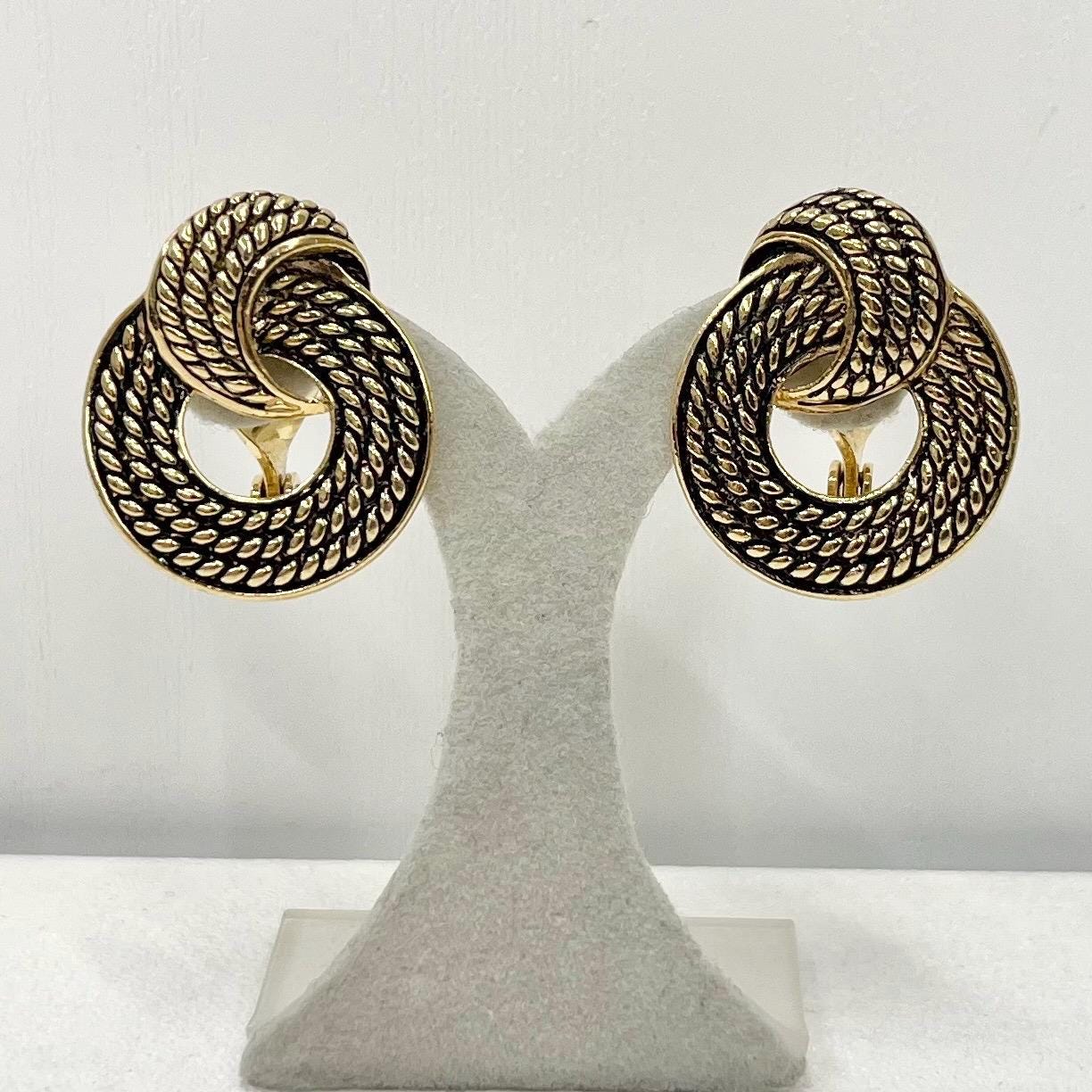 Vintage Monet Gold Tone Rope Twist Ring Drop Clip On Earrings Designer Monet Earrings TheGreenGlassGemShop