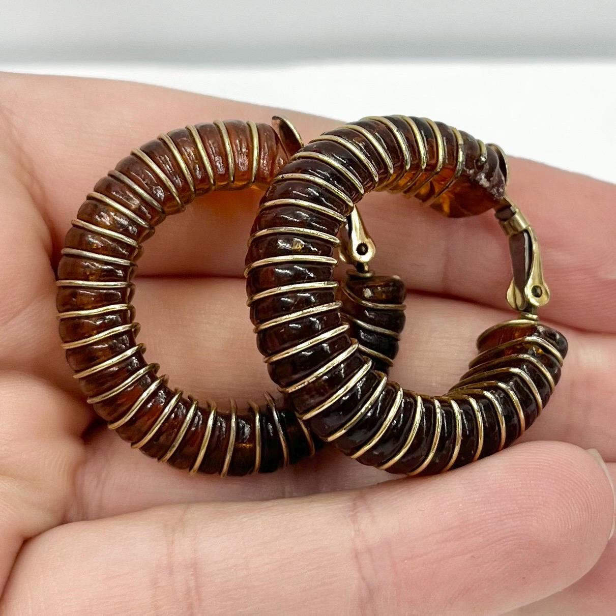 Vintage Chunky Amber Effect Clip On Hoop Earrings Wire Wrapped Acrylic Amber Earrings TheGreenGlassGemShop