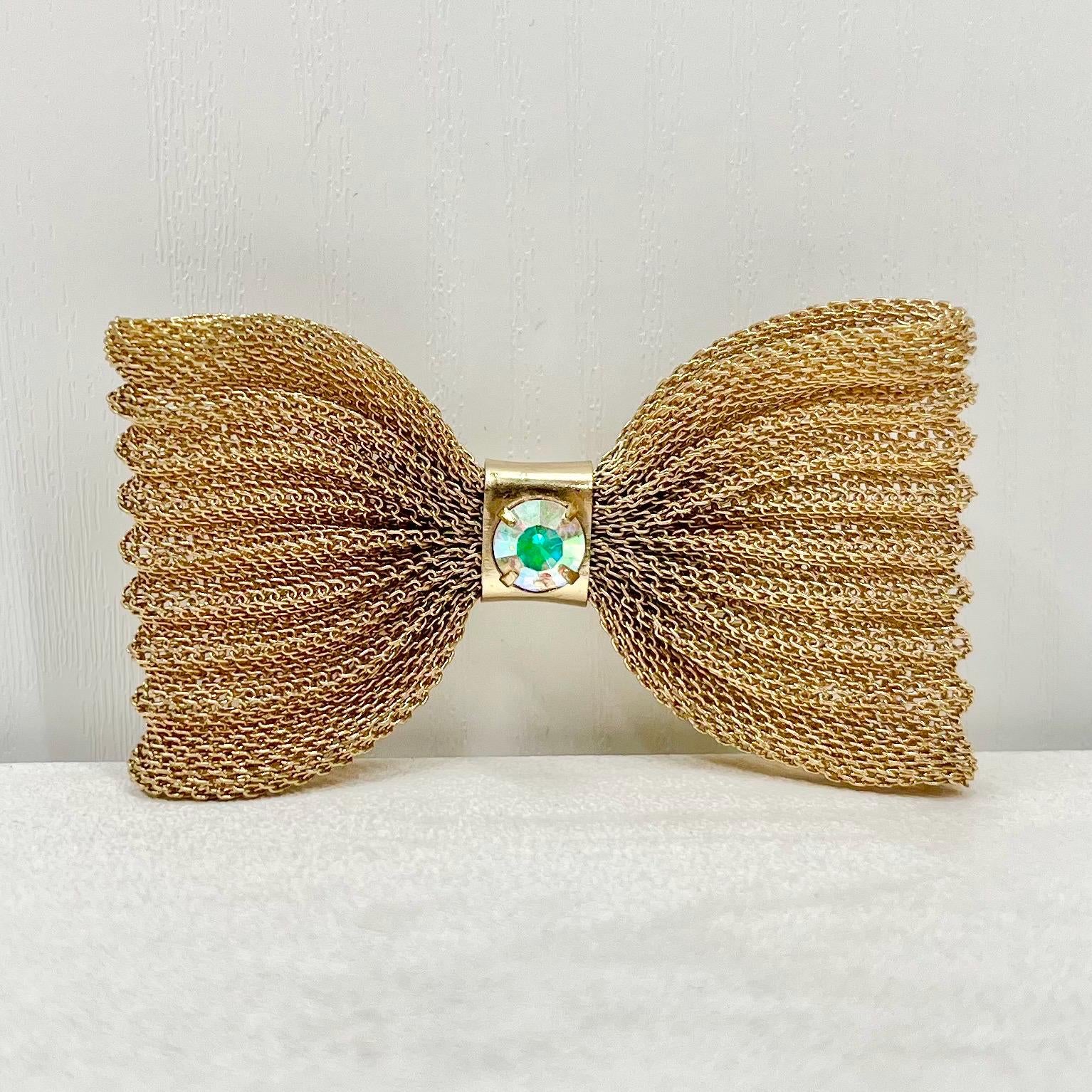 Vintage Gold Tone Woven Mesh Bow Brooch Large with an Aurora Borealis Austrian Crystal Accent Costume Jewellery Statement Piece TheGreenGlassGemShop