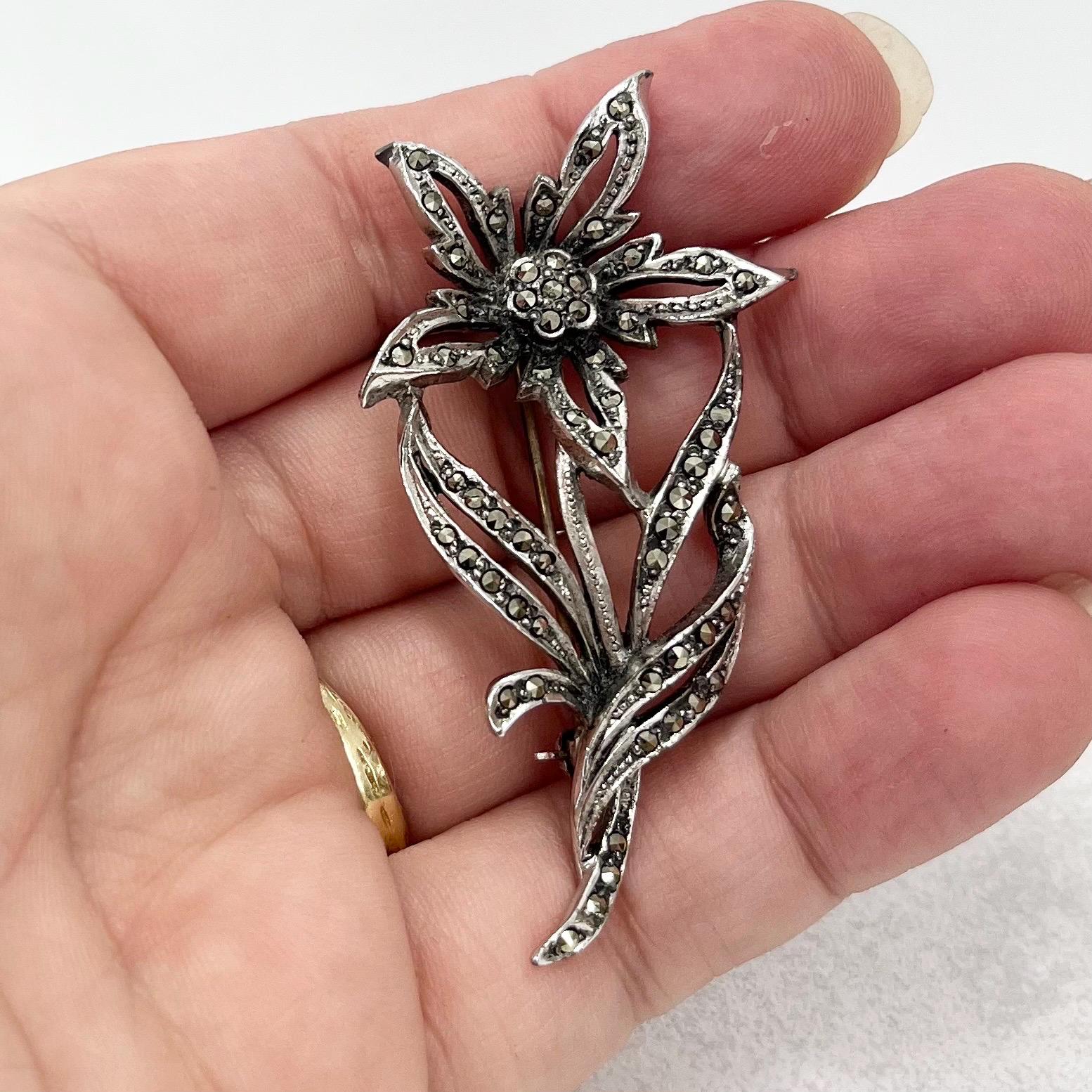 Vintage Silver Tone Marcasite Daisy Flower Brooch Costume Jewellery Statement Piece TheGreenGlassGemShop