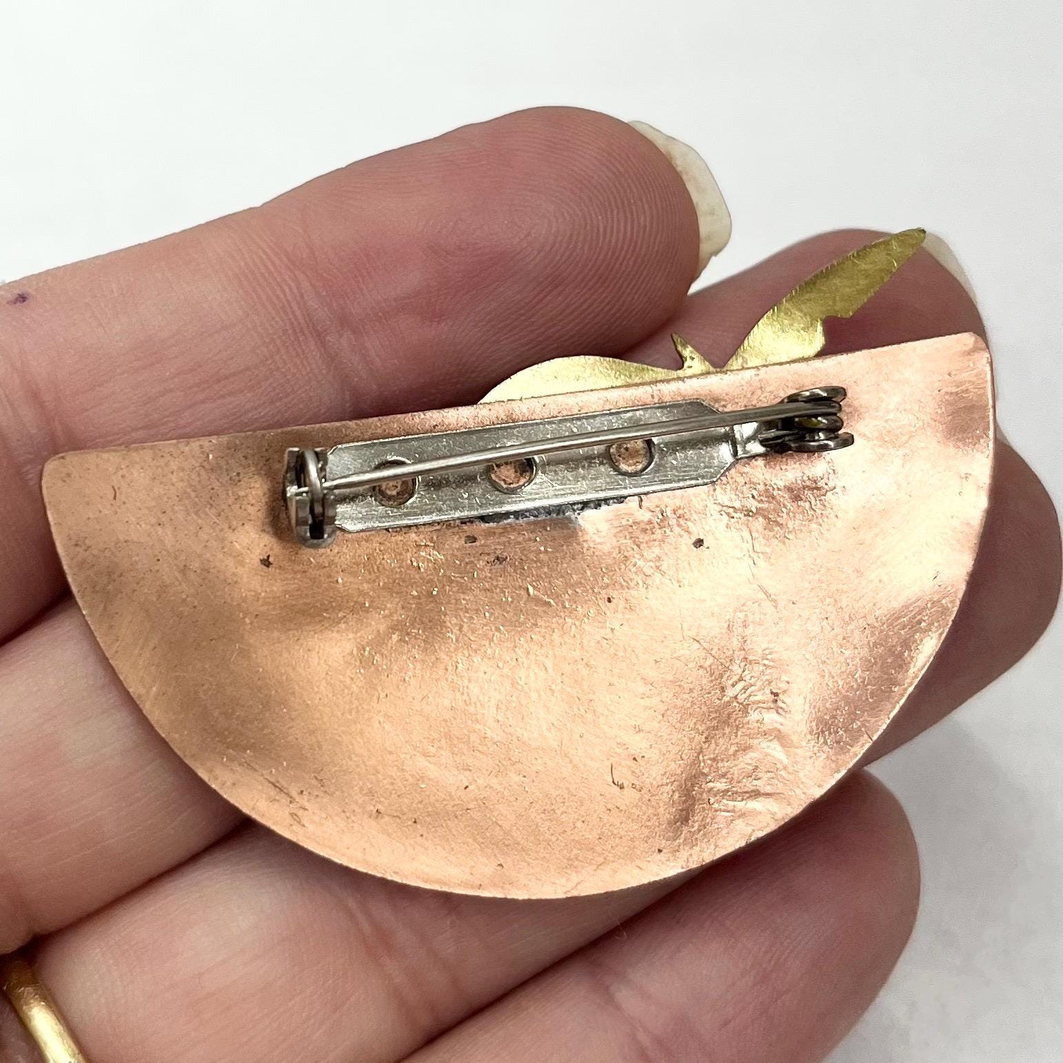 Unusual Vintage Brass & Copper Tropical Palm Tree and Drum Brooch Costume Jewellery TheGreenGlassGemShop