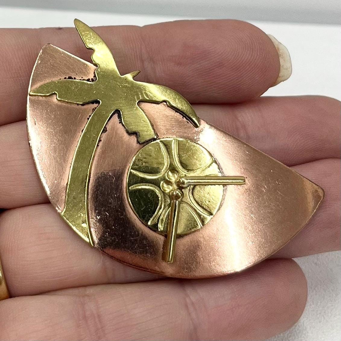Unusual Vintage Brass & Copper Tropical Palm Tree and Drum Brooch Costume Jewellery TheGreenGlassGemShop
