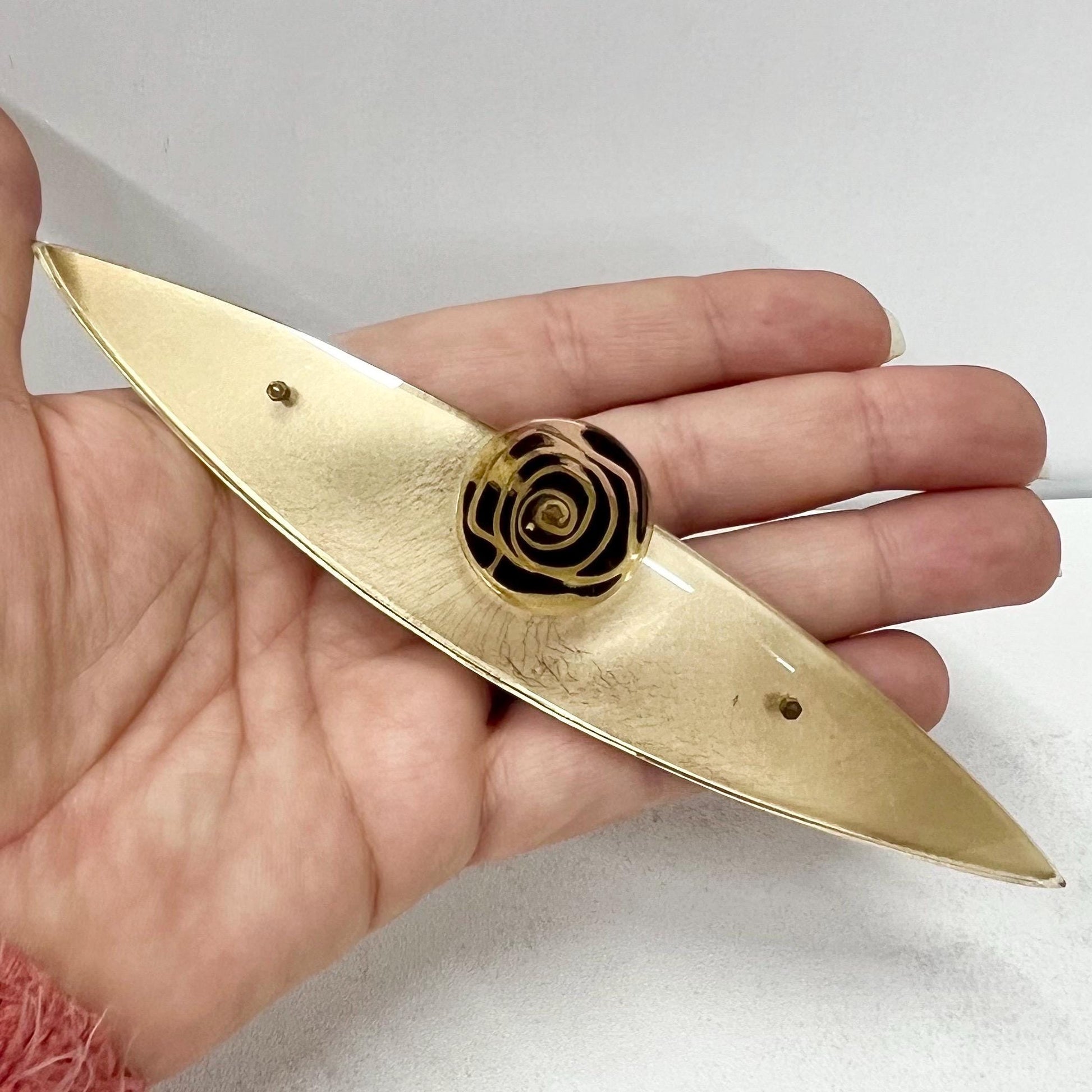Unusual Vintage Large Long Plastic / Acrylic Brooch 1980’s Gold Metallic Foil with a Rose to the Front Costume Jewellery Statement Piece TheGreenGlassGemShop
