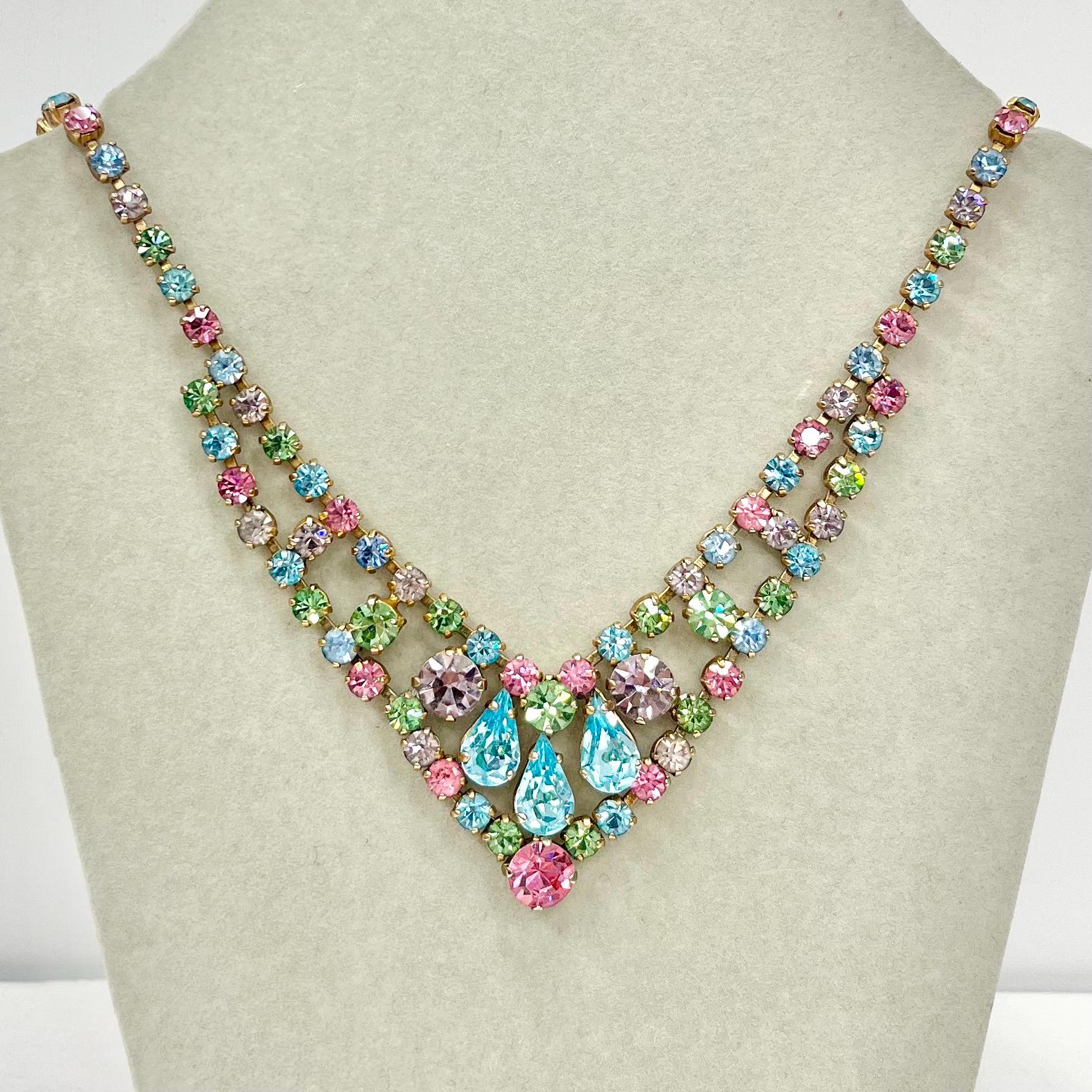 Vintage 1960’s - 1970’s Gold Tone Multi Coloured Rainbow Austrian Crystal V Neck Necklace Beautiful Sparkling Colours TheGreenGlassGemShop