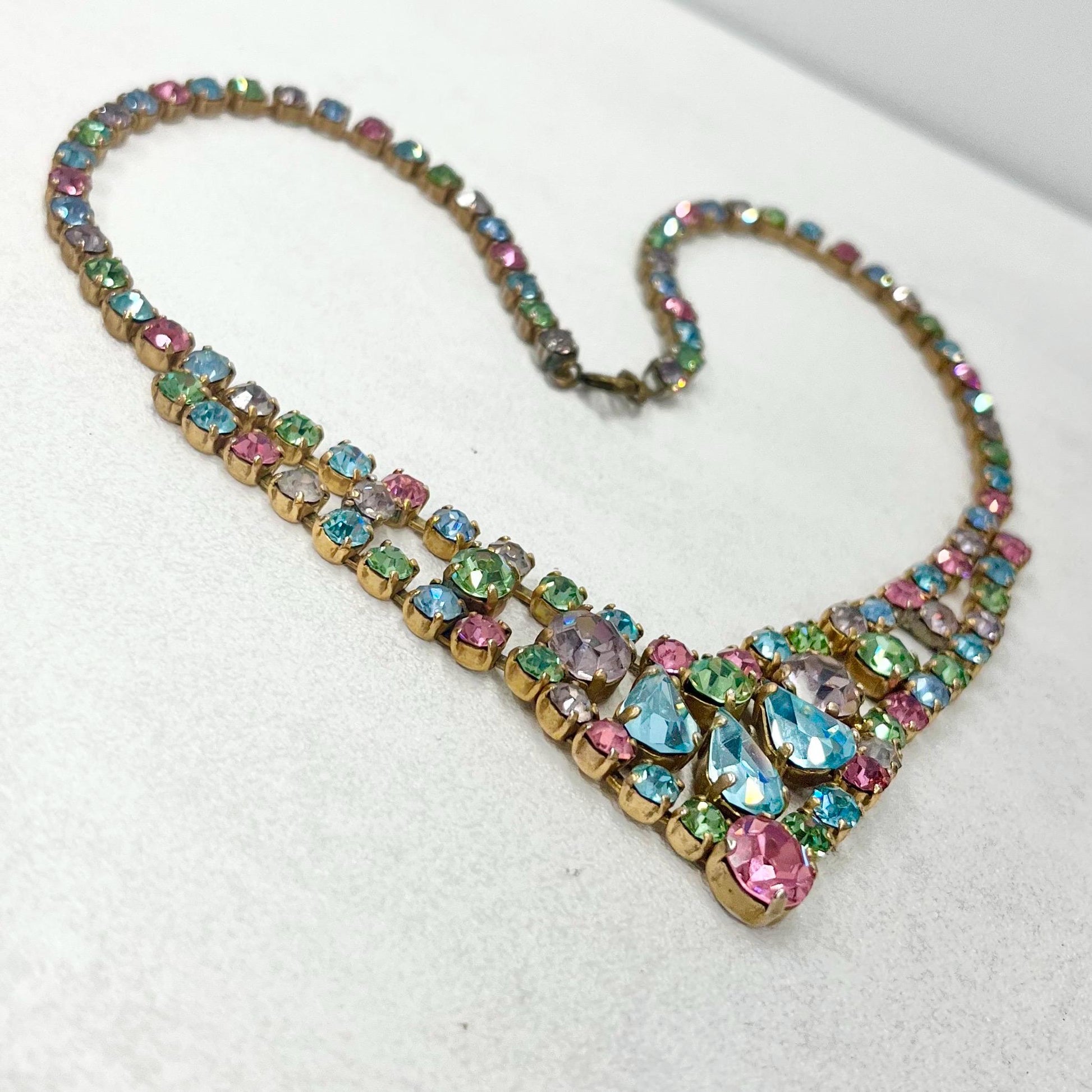 Vintage 1960’s - 1970’s Gold Tone Multi Coloured Rainbow Austrian Crystal V Neck Necklace Beautiful Sparkling Colours TheGreenGlassGemShop