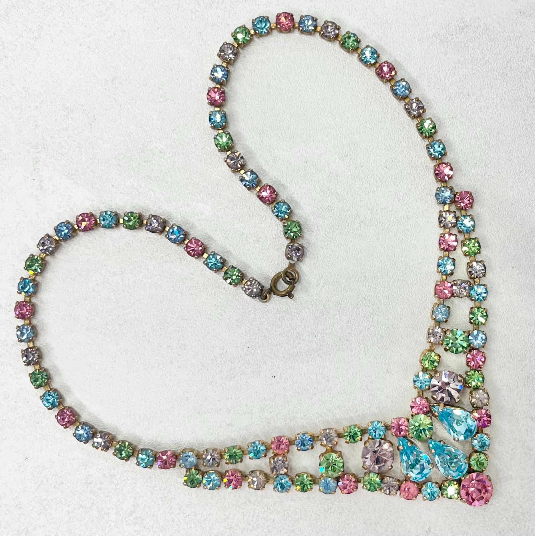 Vintage 1960’s - 1970’s Gold Tone Multi Coloured Rainbow Austrian Crystal V Neck Necklace Beautiful Sparkling Colours TheGreenGlassGemShop