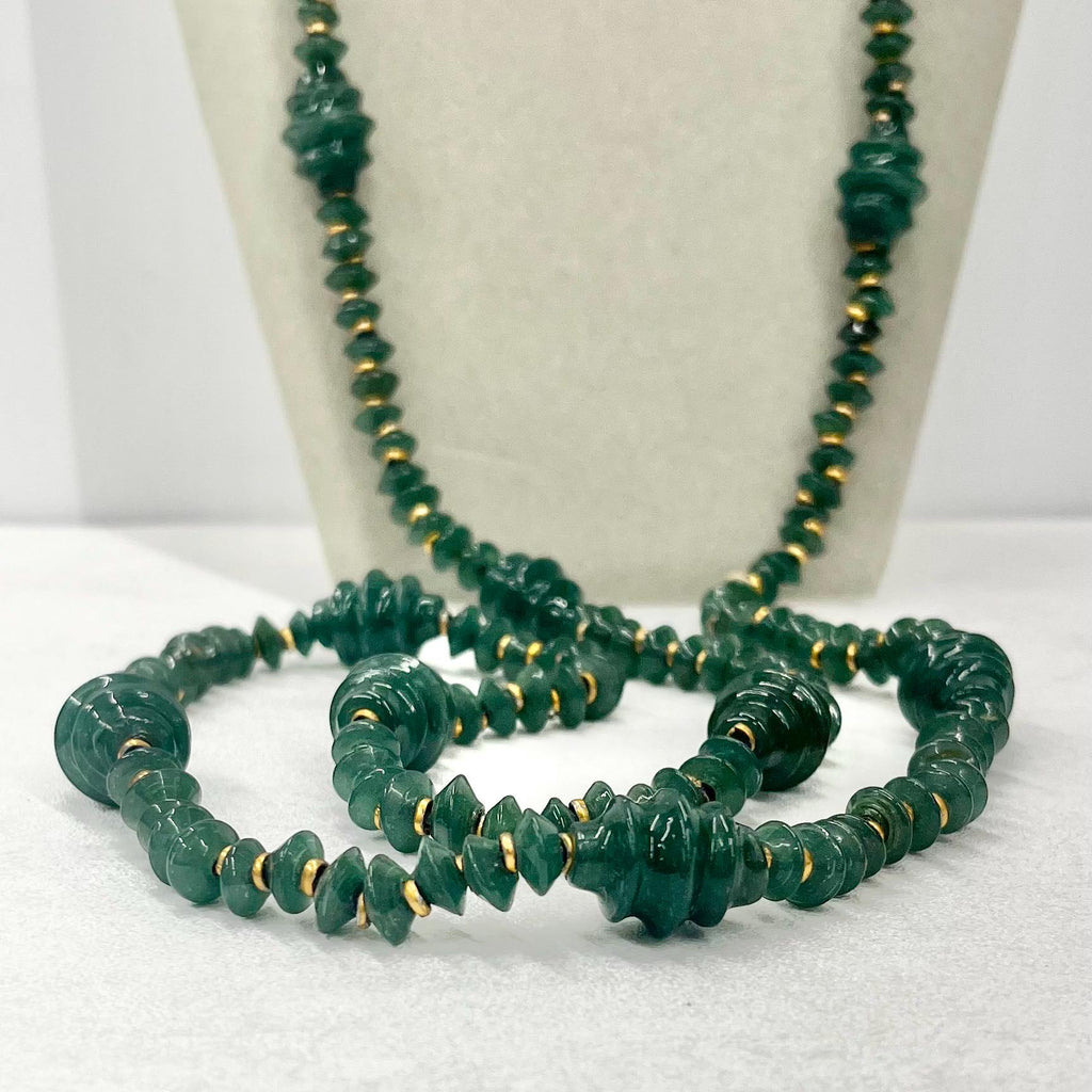 Art Deco 1930’s Chunky Green Glass Beaded Necklace Vintage Jewellery 42” Long No Clasp Trade Beads TheGreenGlassGemShop