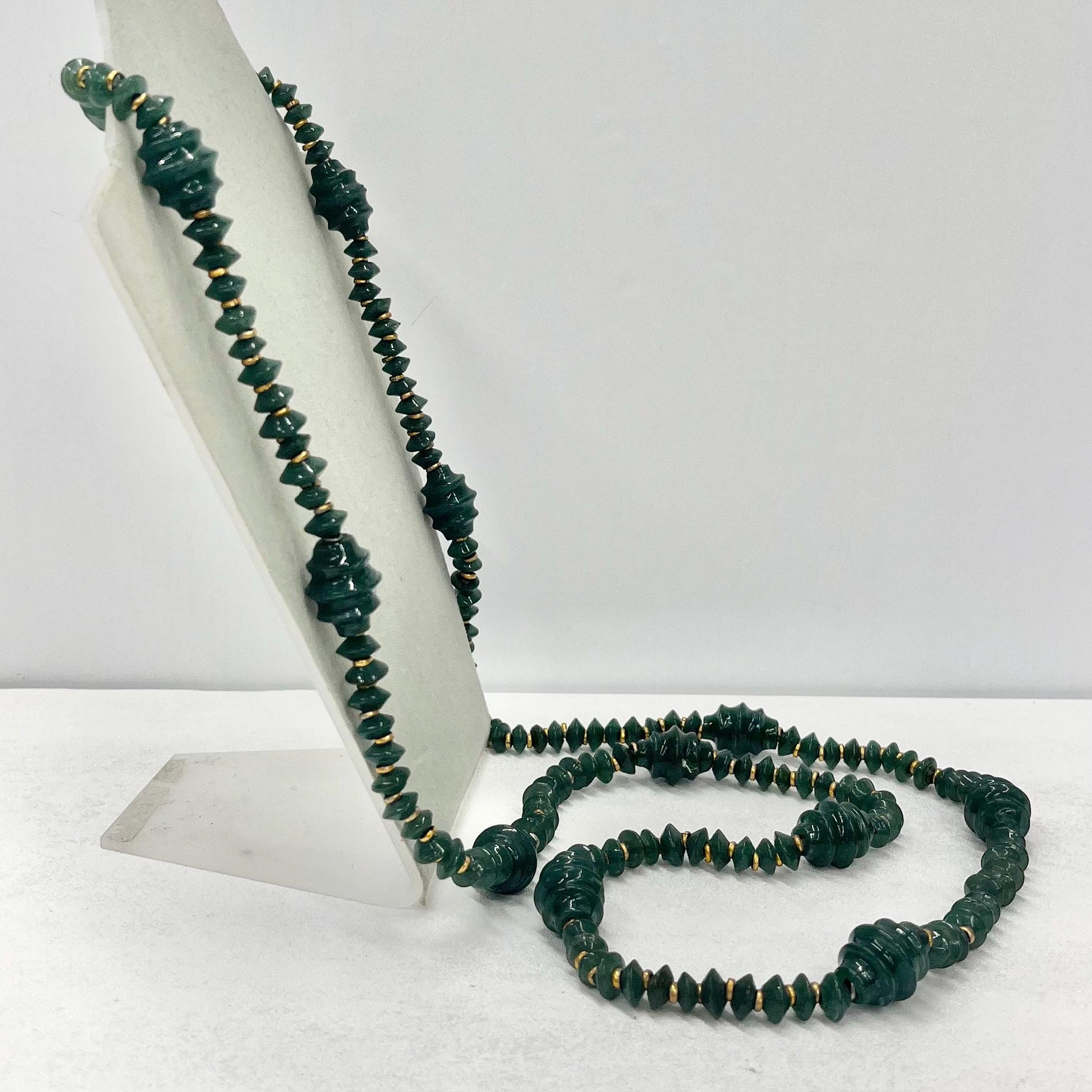 Art Deco 1930’s Chunky Green Glass Beaded Necklace Vintage Jewellery 42” Long No Clasp Trade Beads TheGreenGlassGemShop