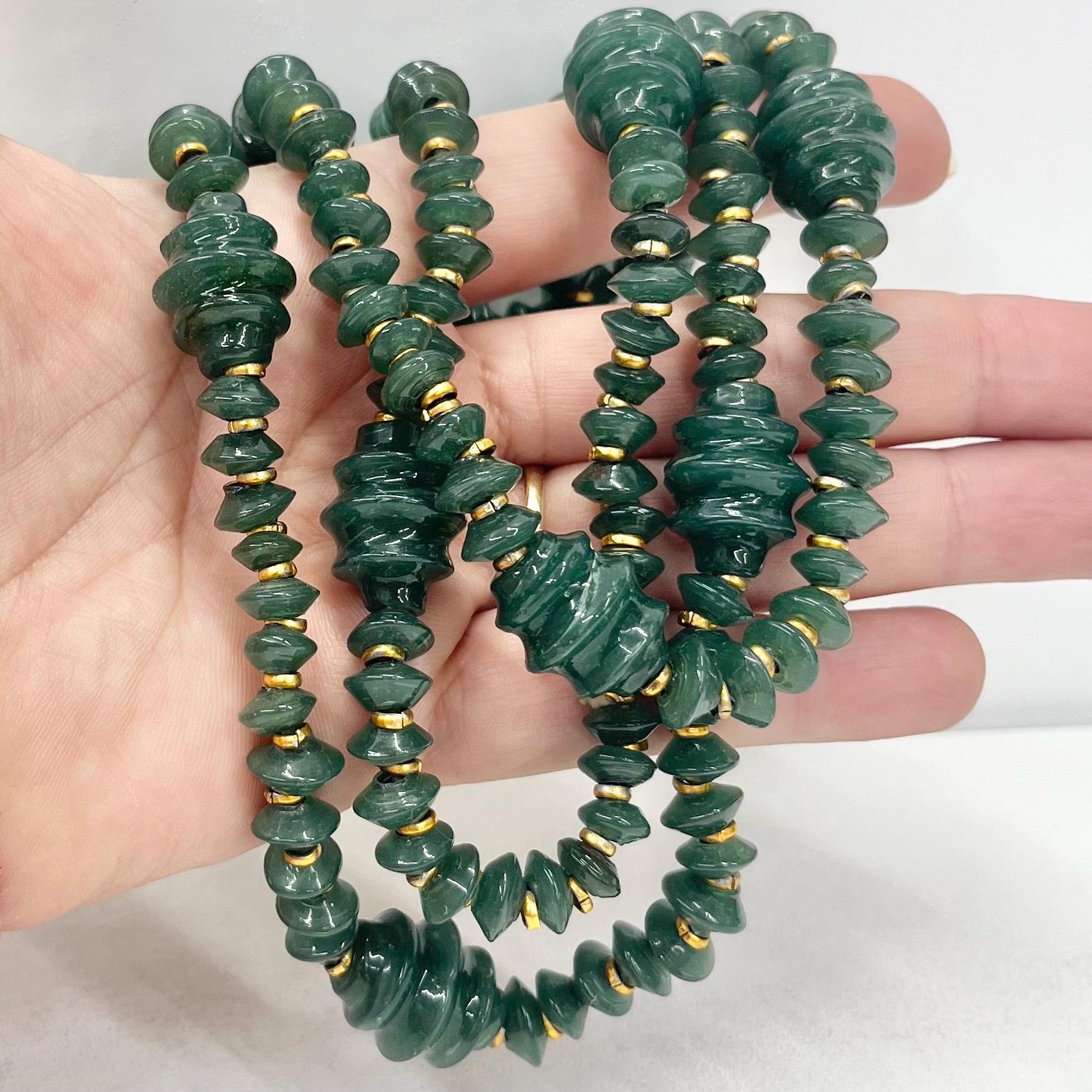 Art Deco 1930’s Chunky Green Glass Beaded Necklace Vintage Jewellery 42” Long No Clasp Trade Beads TheGreenGlassGemShop