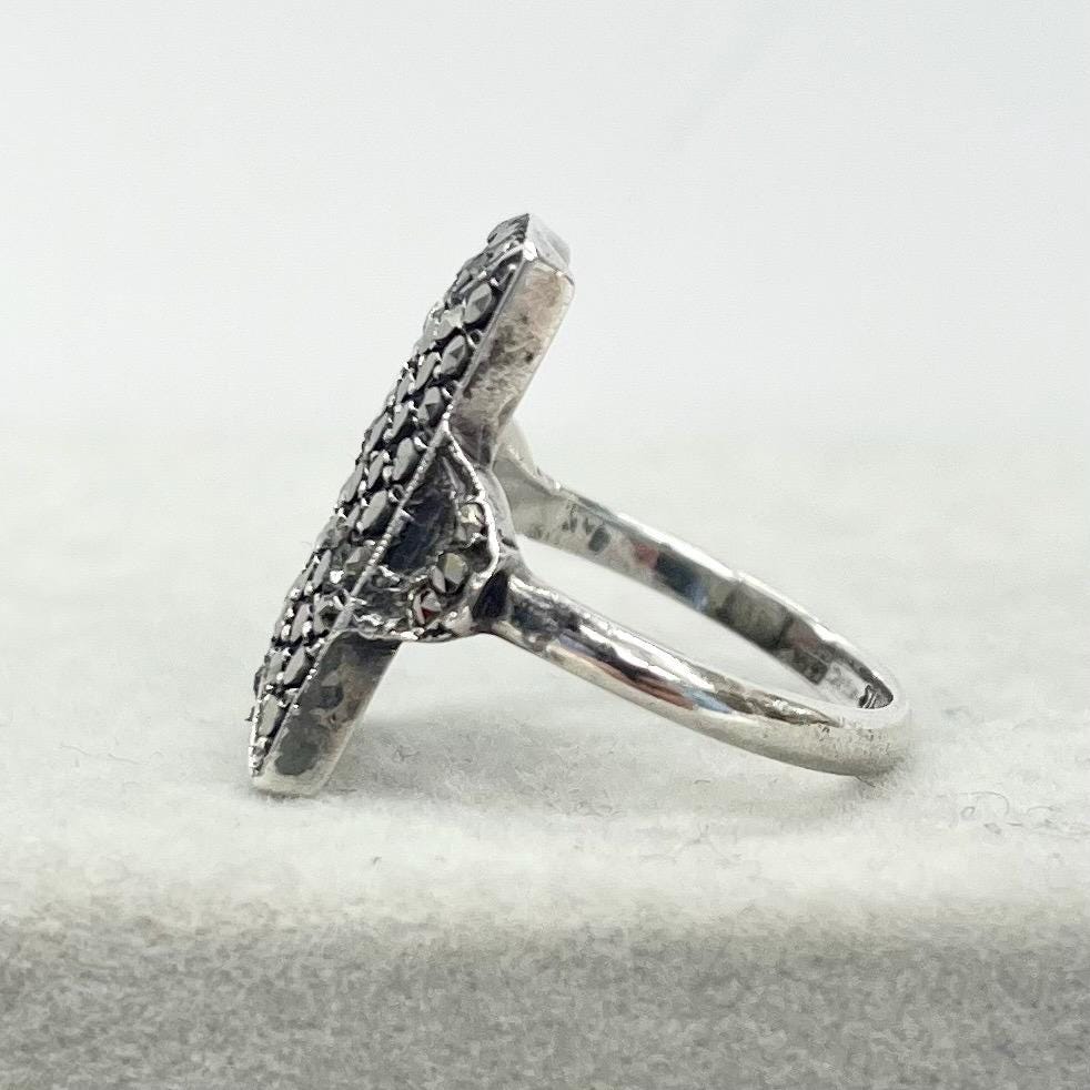 Vintage Art Deco Marcasite Ring Sterling Silver Statement Rectangle Design Size UK O / US 7 1/2 1930’s TheGreenGlassGemShop