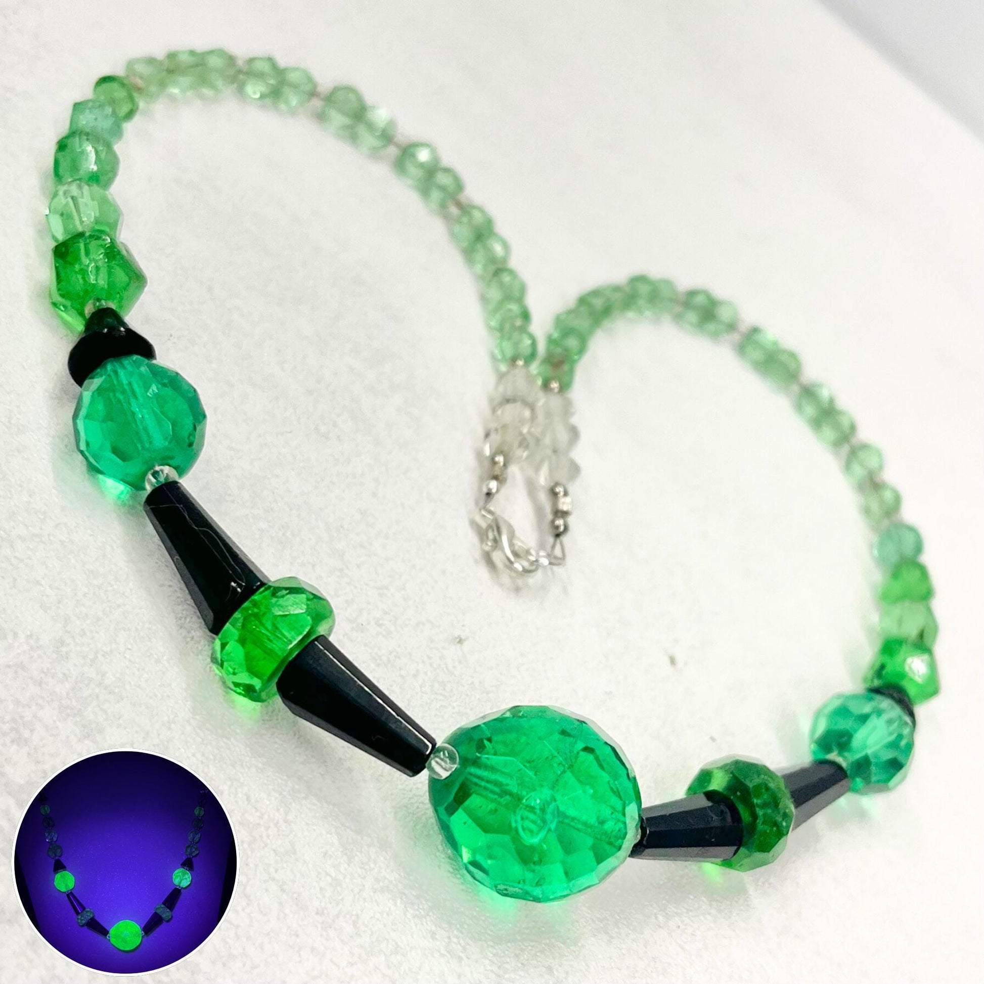 Vintage Art Deco Teal Green Uranium Glass & Black Bead Necklace Bright Green UV Reactive Glow Jewellery TheGreenGlassGemShop