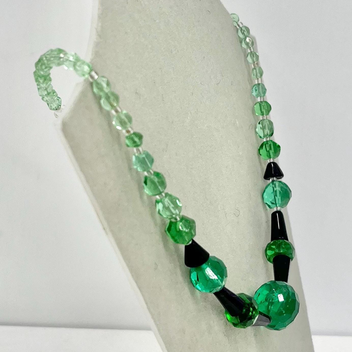 Vintage Art Deco Teal Green Uranium Glass & Black Bead Necklace Bright Green UV Reactive Glow Jewellery TheGreenGlassGemShop