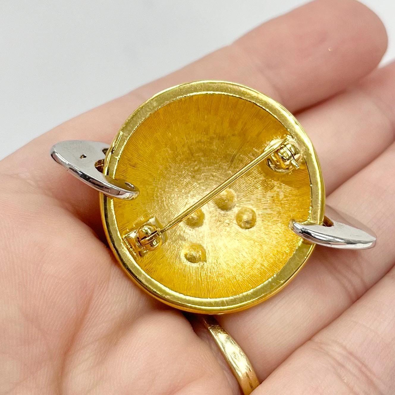Vintage Saturn Planet Brooch Gold Tone with Austrian Crystal Accents Statement Piece Space Themed TheGreenGlassGemShop