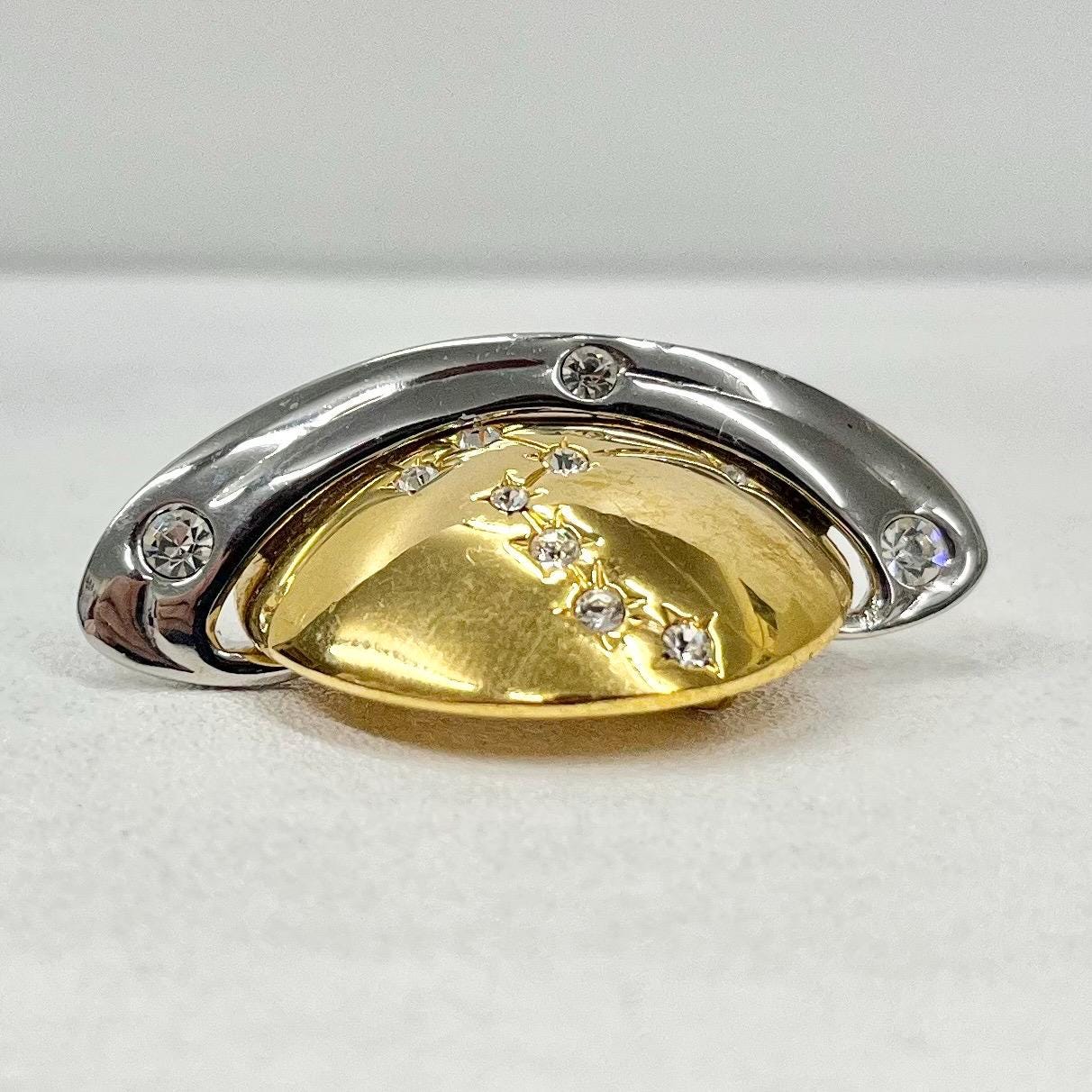 Vintage Saturn Planet Brooch Gold Tone with Austrian Crystal Accents Statement Piece Space Themed TheGreenGlassGemShop