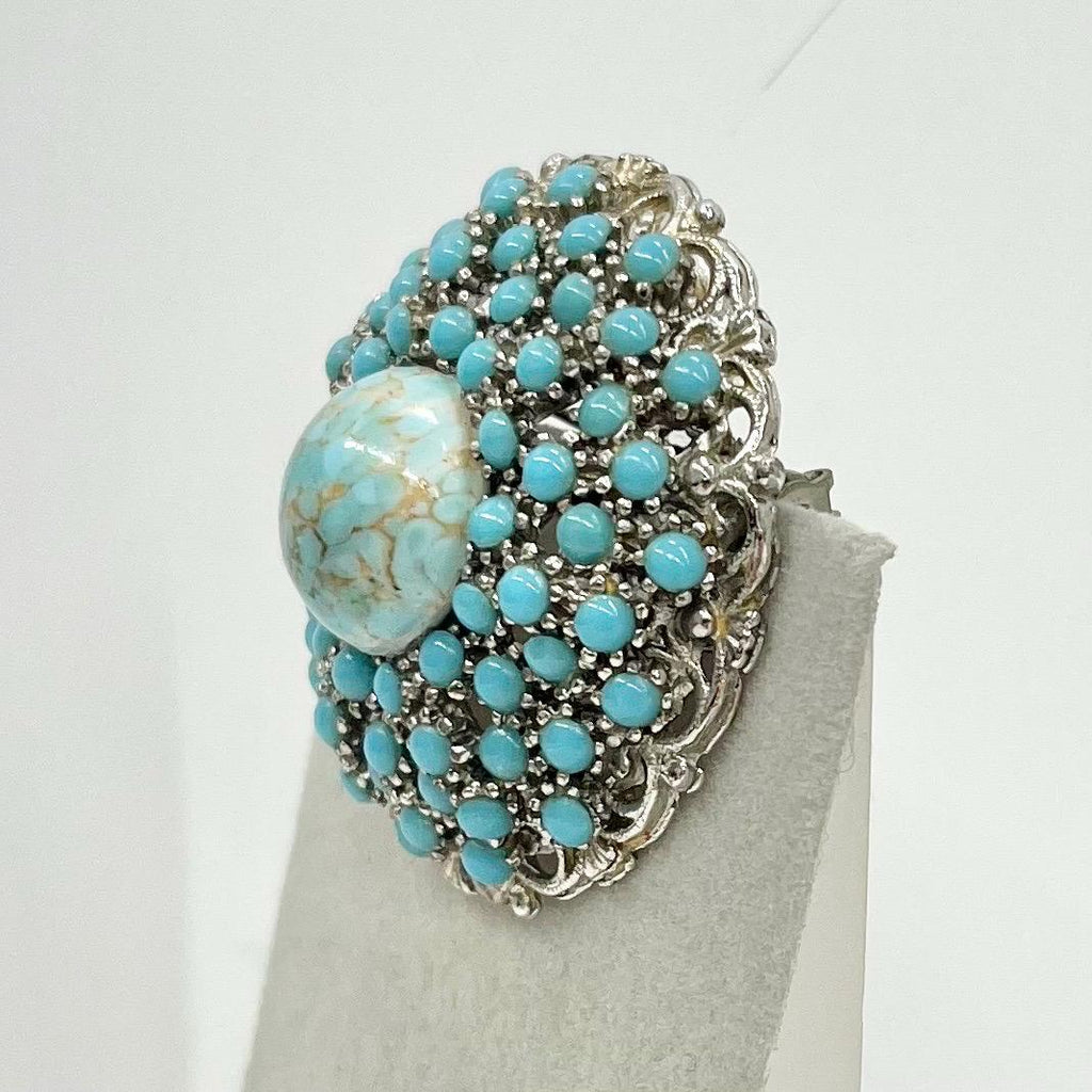 Vintage Large Turquoise Matrix Blue Set Brooch Silver Tone Domed Round with a Czech Cabochon Centre TheGreenGlassGemShop