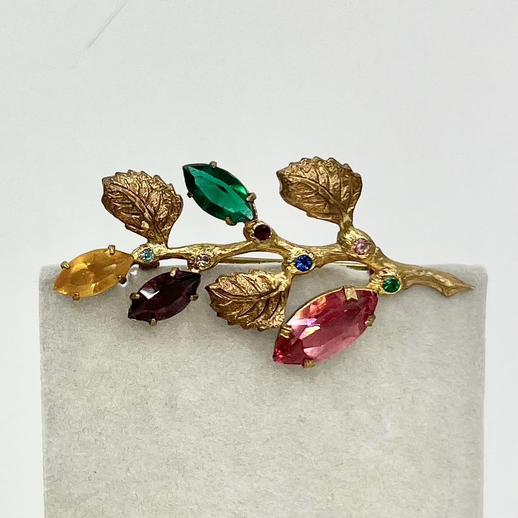 Vintage Gold Tone Floral Branch Style Brooch with Multi Coloured Cut Crystal Accents TheGreenGlassGemShop
