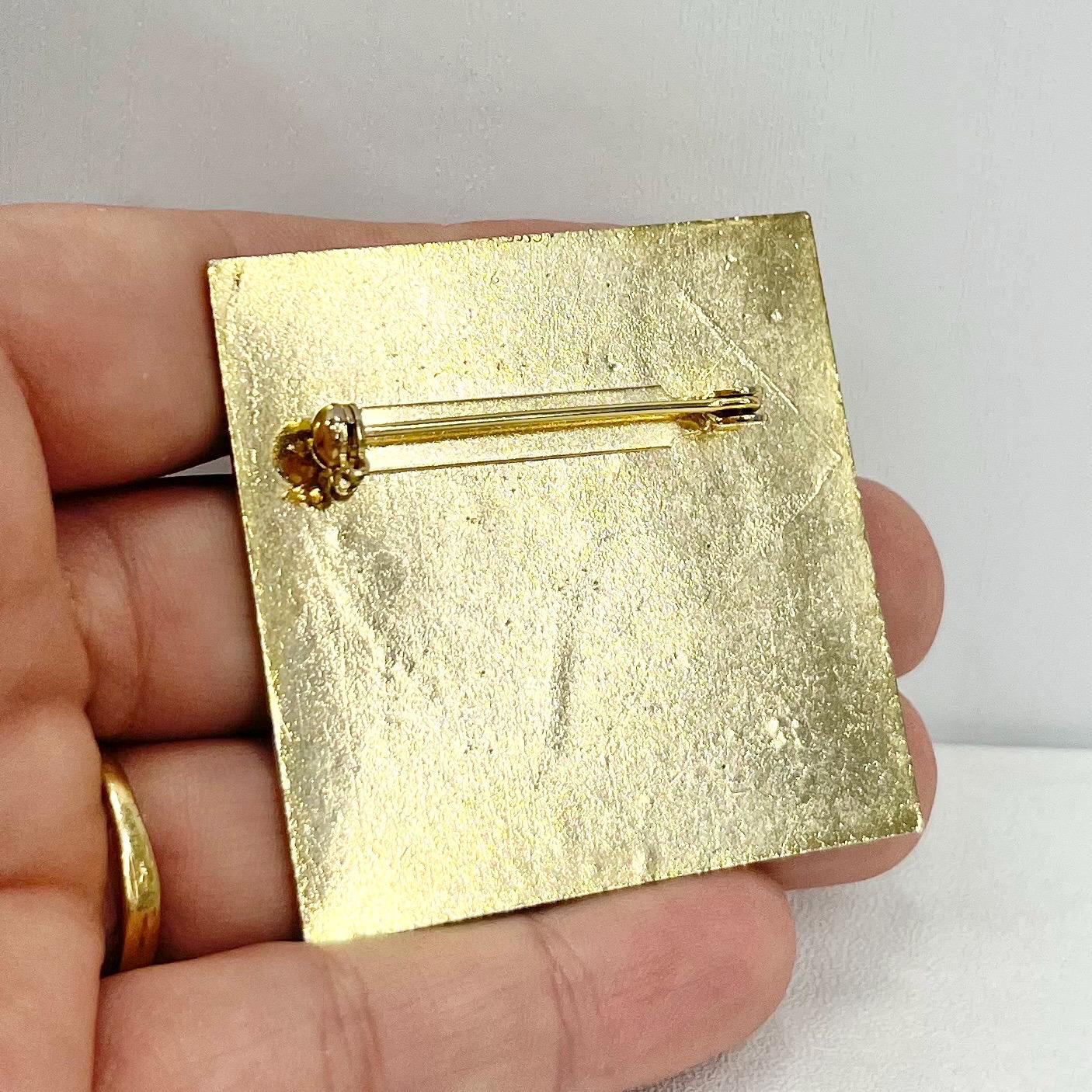 Vintage Large Gold Tone Cloisonne Enamel Square Celtic Brooch Excellent Quality Costume Jewellery Statement Piece TheGreenGlassGemShop