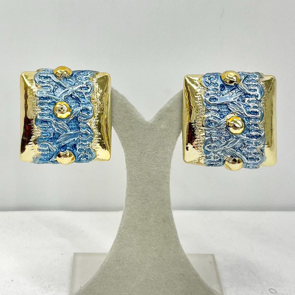 Vintage Light Weight Textured Faux Gold & Sky Blue Faux Enamel Square Statement Clip On Earrings 1980’s - 1990’s TheGreenGlassGemShop