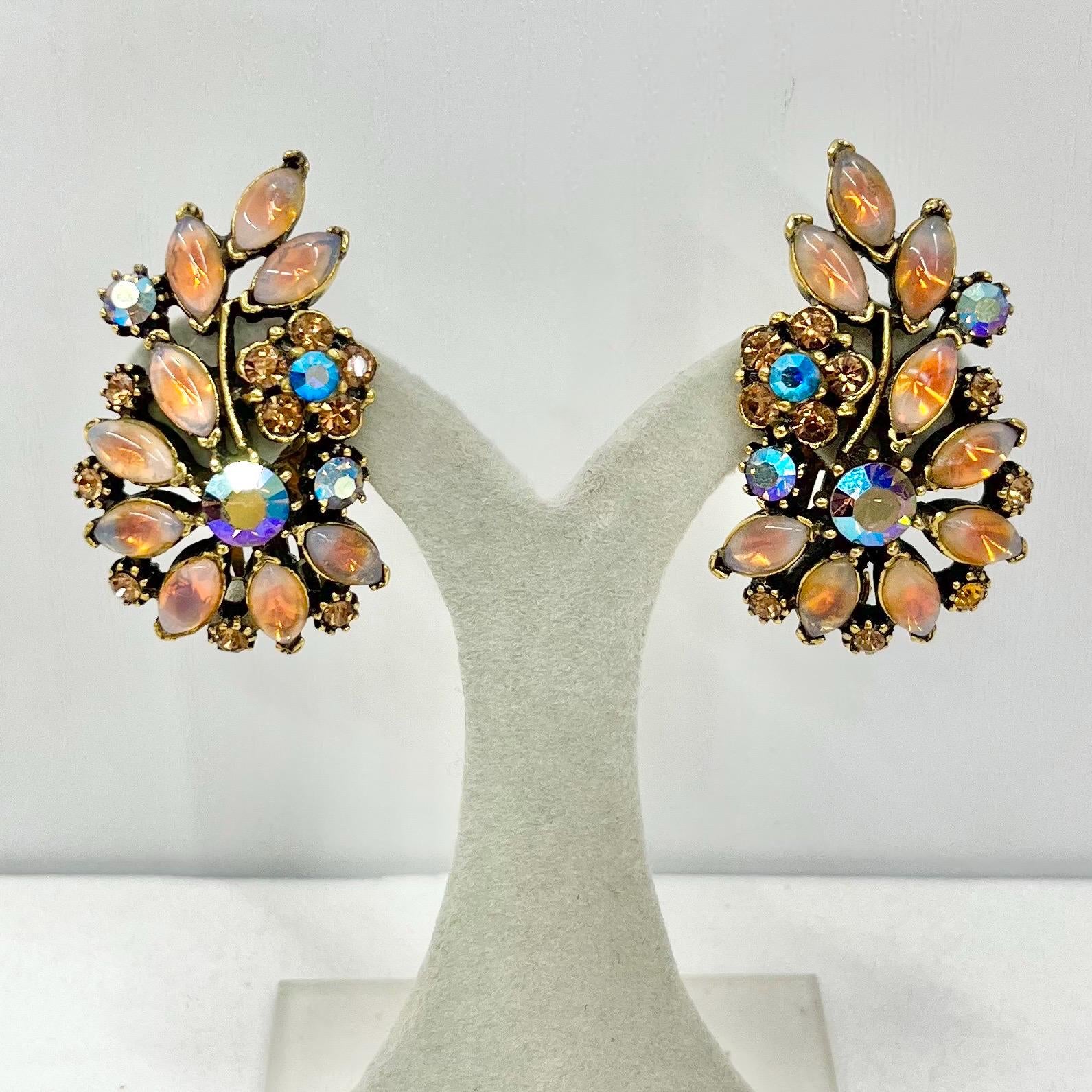 Stunning Vintage Floral Pink Fire Opal Czech Glass Clip On Earrings with Sparkling Crystal Accents Exquisite Design Excellent Quality TheGreenGlassGemShop