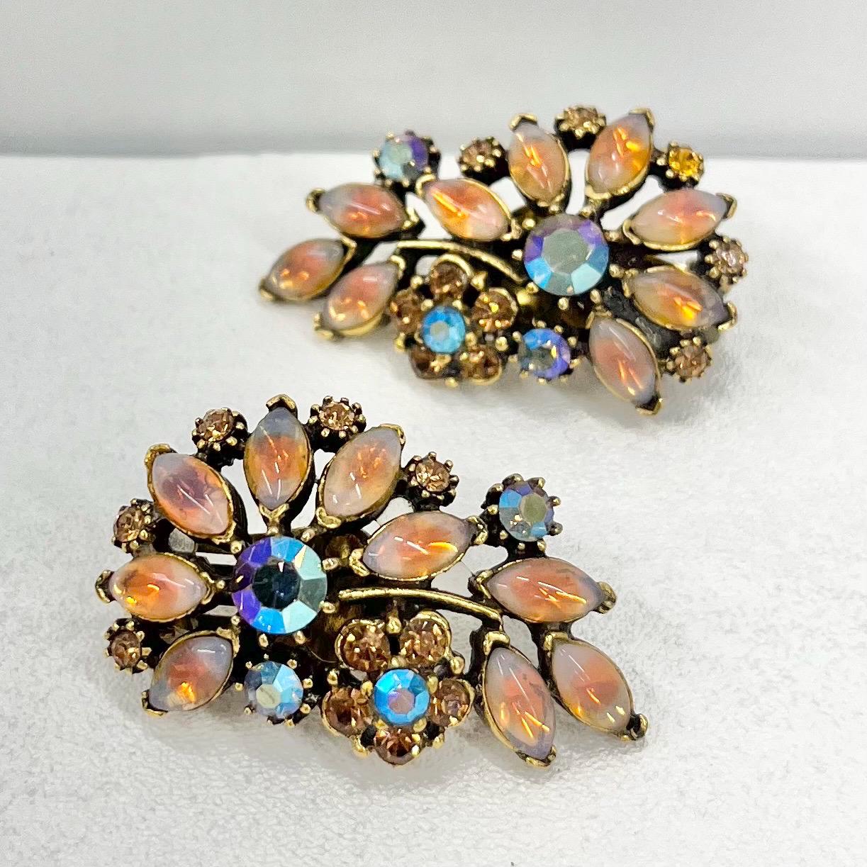 Stunning Vintage Floral Pink Fire Opal Czech Glass Clip On Earrings with Sparkling Crystal Accents Exquisite Design Excellent Quality TheGreenGlassGemShop