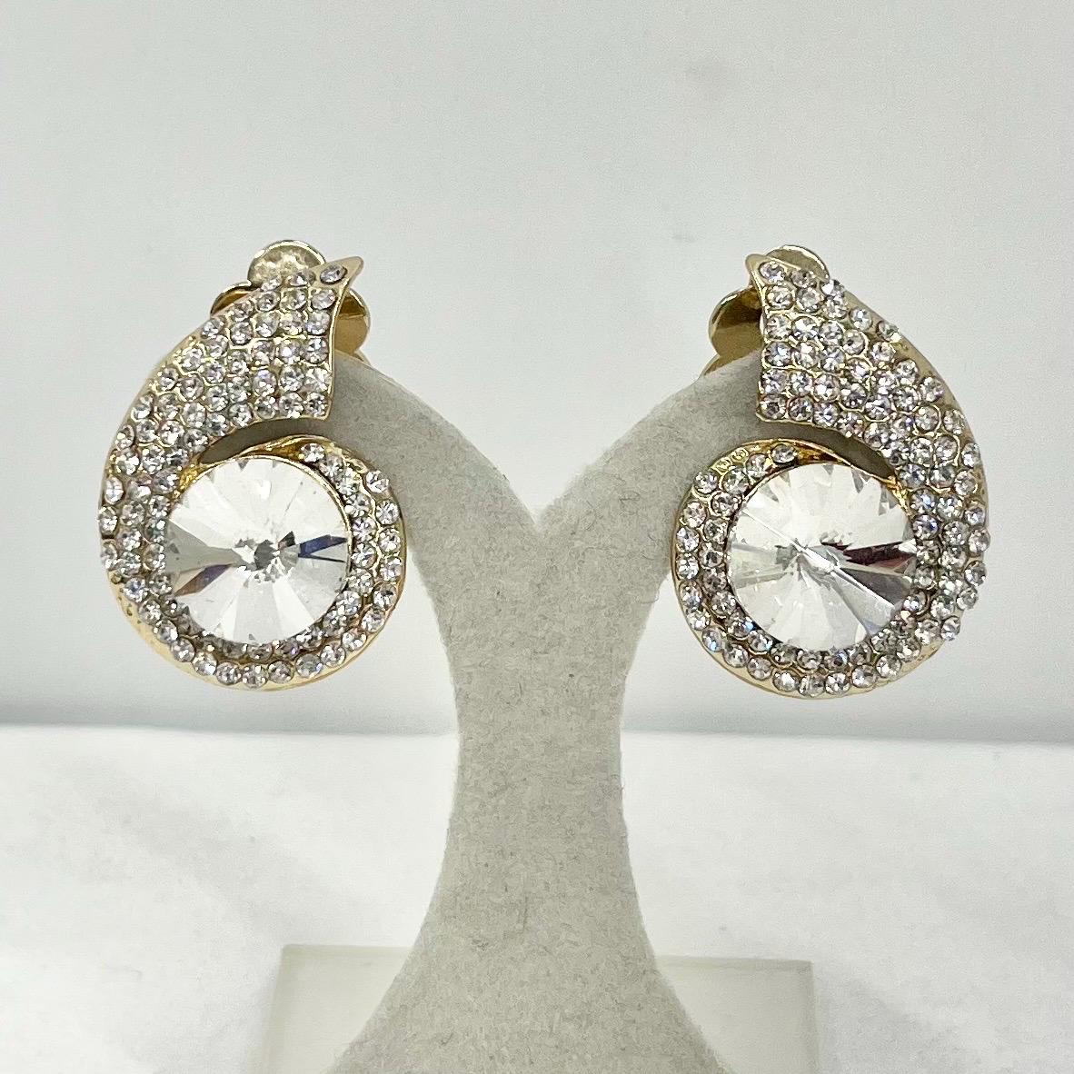 Stunning Vintage Clear Pave Crystal Gold Tone Rivoli Clip On Earrings Excellent Quality TheGreenGlassGemShop