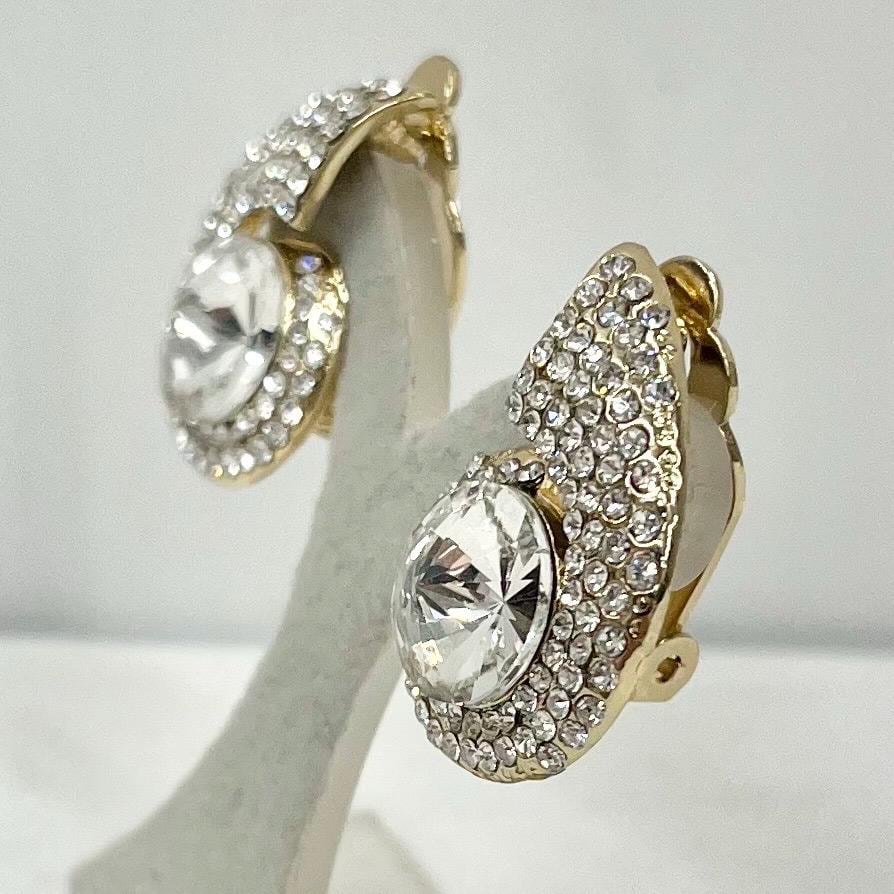 Stunning Vintage Clear Pave Crystal Gold Tone Rivoli Clip On Earrings Excellent Quality TheGreenGlassGemShop