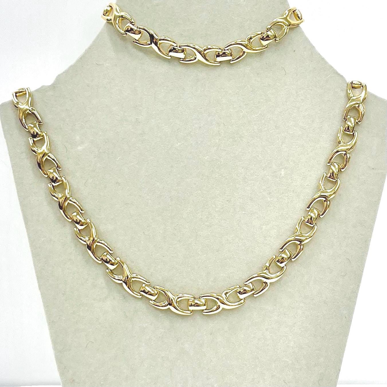Vintage Monet Gold Plated Fancy Flat Chain Necklace & Bracelet Set 18.5” Necklace 7” Bracelet TheGreenGlassGemShop