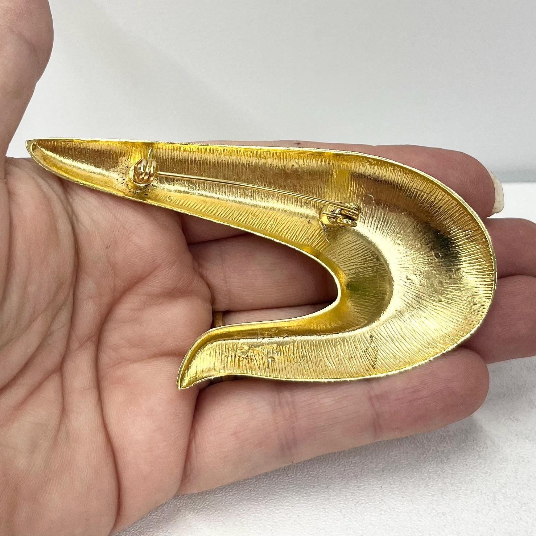 Vintage Large Gold Plate Abstract Swoosh Brooch with Hollywood Glamour Costume Jewellery Statement Piece TheGreenGlassGemShop