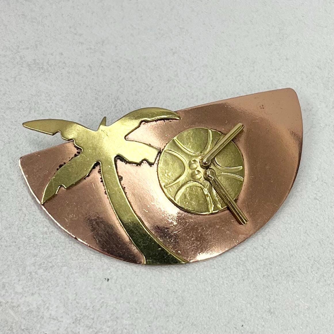 Unusual Vintage Brass & Copper Tropical Palm Tree and Drum Brooch Costume Jewellery TheGreenGlassGemShop