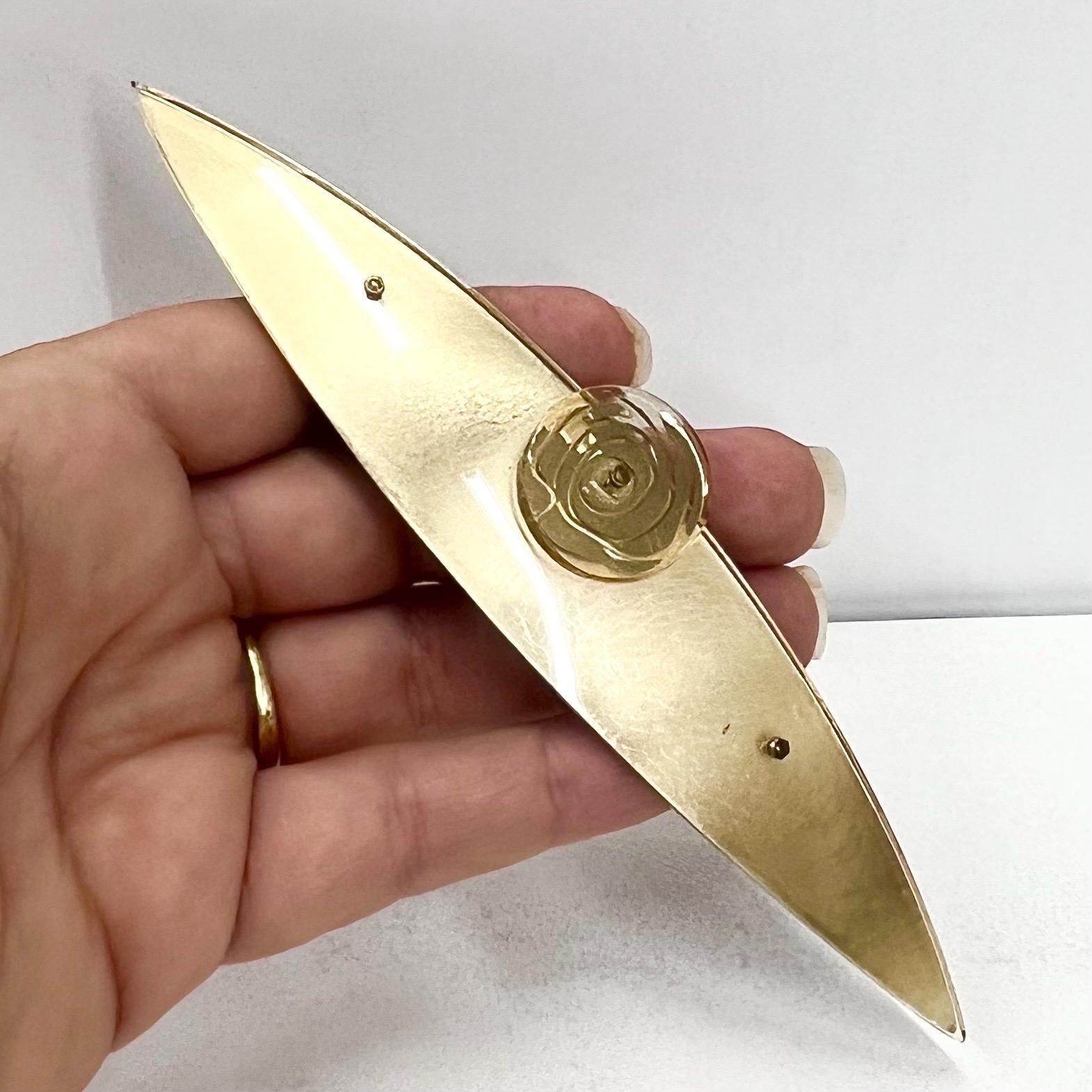 Unusual Vintage Large Long Plastic / Acrylic Brooch 1980’s Gold Metallic Foil with a Rose to the Front Costume Jewellery Statement Piece TheGreenGlassGemShop