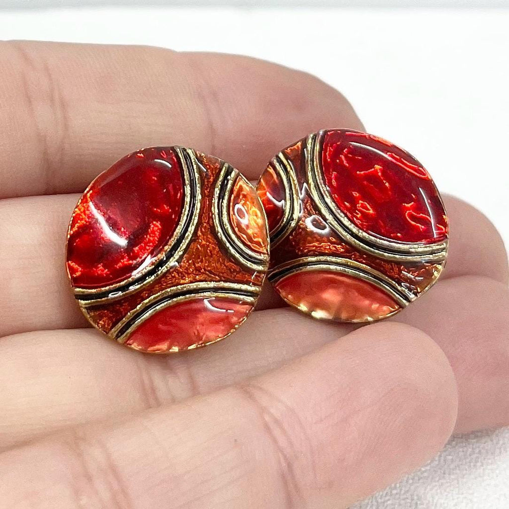 Vintage Enamel Clip On Earrings Red / Orange and Gold Shimmer in a Gold Tone Setting 1980’s - 1990’s TheGreenGlassGemShop