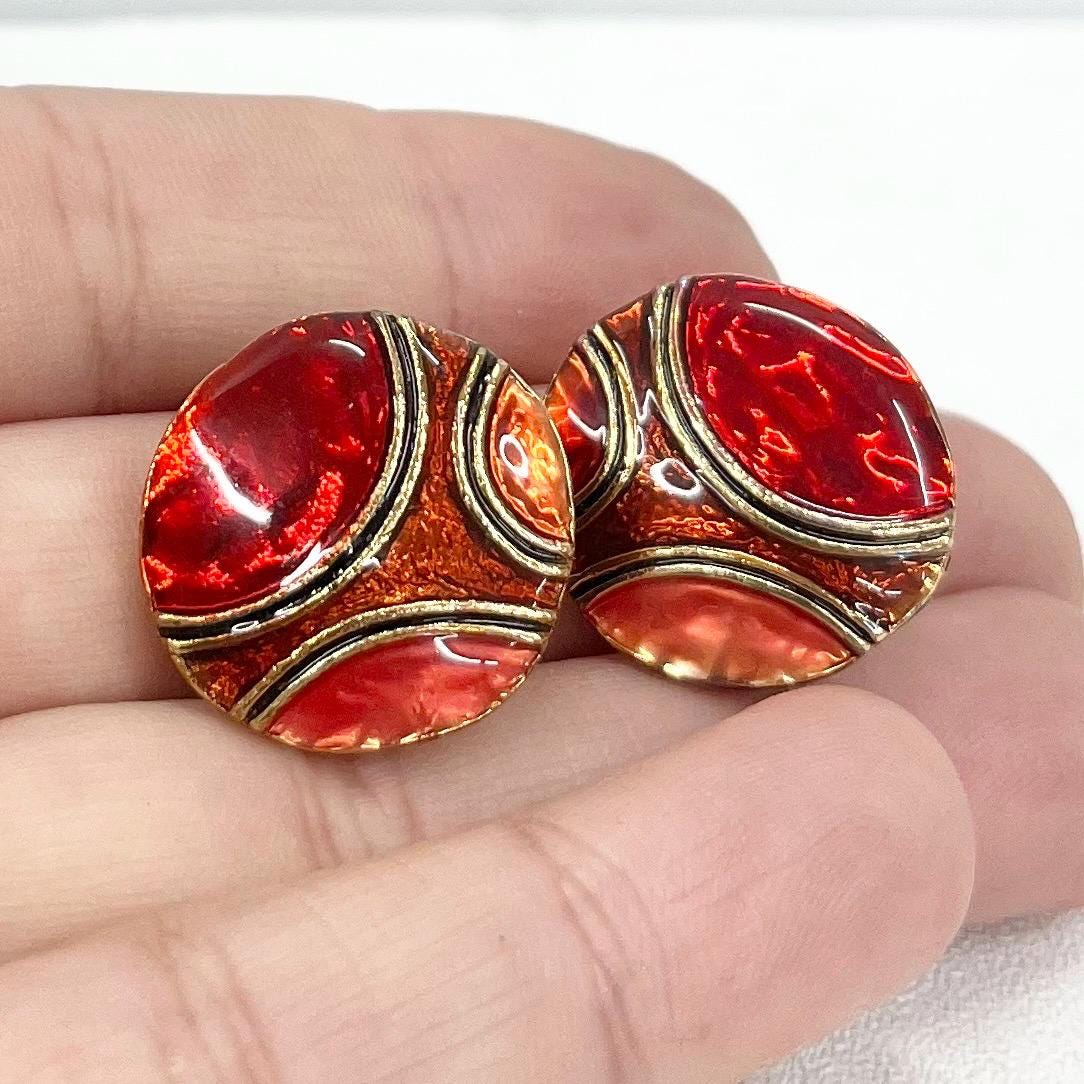 Vintage Enamel Clip On Earrings Red / Orange and Gold Shimmer in a Gold Tone Setting 1980’s - 1990’s TheGreenGlassGemShop
