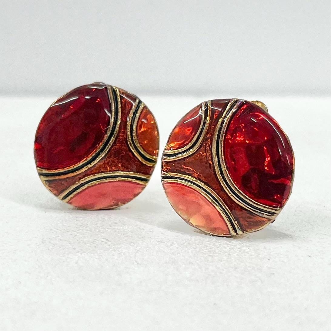 Vintage Enamel Clip On Earrings Red / Orange and Gold Shimmer in a Gold Tone Setting 1980’s - 1990’s TheGreenGlassGemShop
