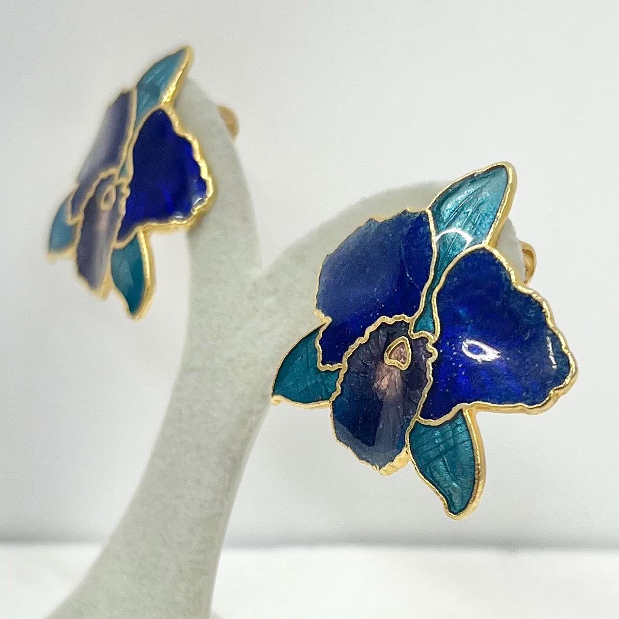 Vintage Cloisonne Style Enamel Clip On Orchid Flower Earrings Blue Lavender Turquoise in a Gold Tone Setting 1980’s - 1990’s TheGreenGlassGemShop