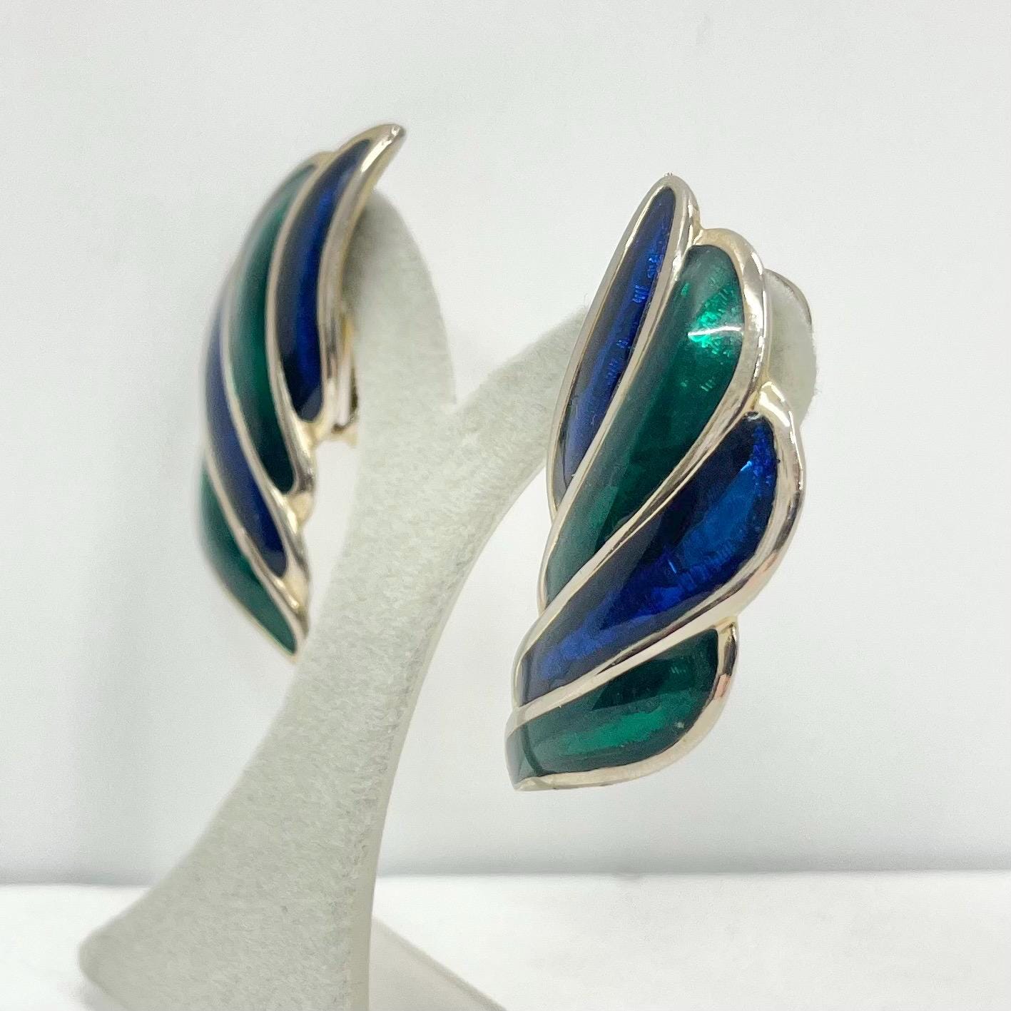 Vintage Enamel Clip On Earrings Blue & Green in a Gold Tone Setting 1980’s - 1990’s Hollywood Glamour TheGreenGlassGemShop