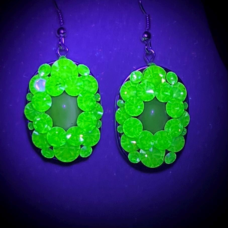 Handmade Uranium Glass Crystal Cluster Drop Earrings UV Reactive Glow with Vintage Swarovski Crystals TheGreenGlassGemShop