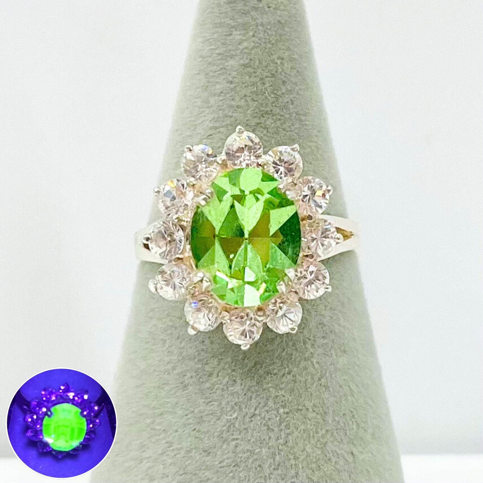 Sterling Silver Uranium Glass Oval Cut Crystal Dress Ring with a Sparkling Halo UV Reactive Glow UV Jewellery Size uk K 1/2 TheGreenGlassGemShop