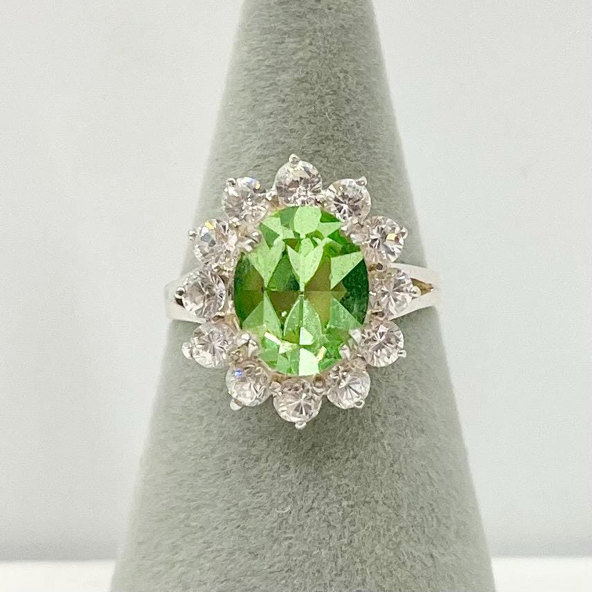 Sterling Silver Uranium Glass Oval Cut Crystal Dress Ring with a Sparkling Halo UV Reactive Glow UV Jewellery Size uk K 1/2 TheGreenGlassGemShop