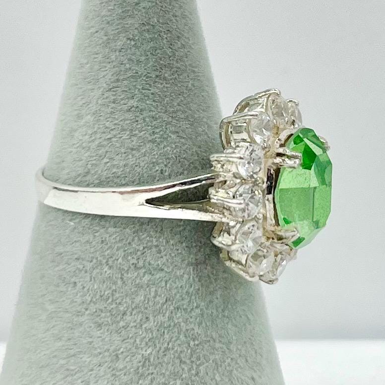 Sterling Silver Uranium Glass Oval Cut Crystal Dress Ring with a Sparkling Halo UV Reactive Glow UV Jewellery Size uk K 1/2 TheGreenGlassGemShop